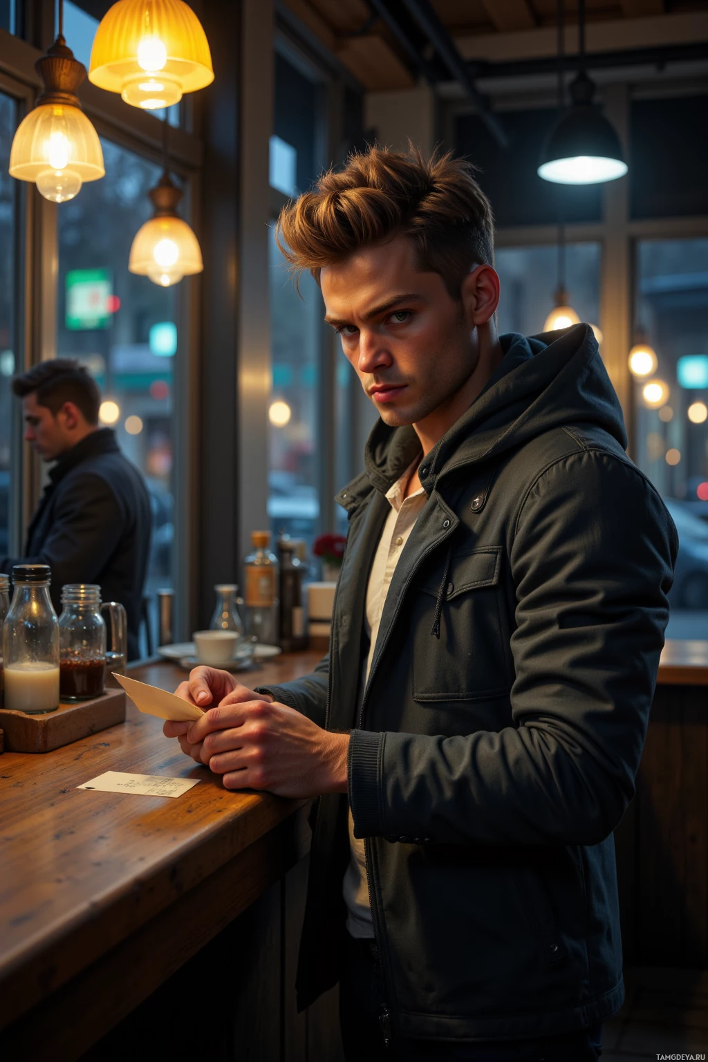 Realistic high quality photo. A 19‑year‑old man with light brown spiky hair and green eyes, wearing a fitted slate‑gray jacket over a hooded tunic and slim dark trousers, stands by the wooden counter of a dimly lit modern café at night, gazing across the bar at another figure while exchanging a small envelope, his posture tense yet relaxed with a sly grin hinting at hidden tricks, as street lamps cast soft yellow light through the window.