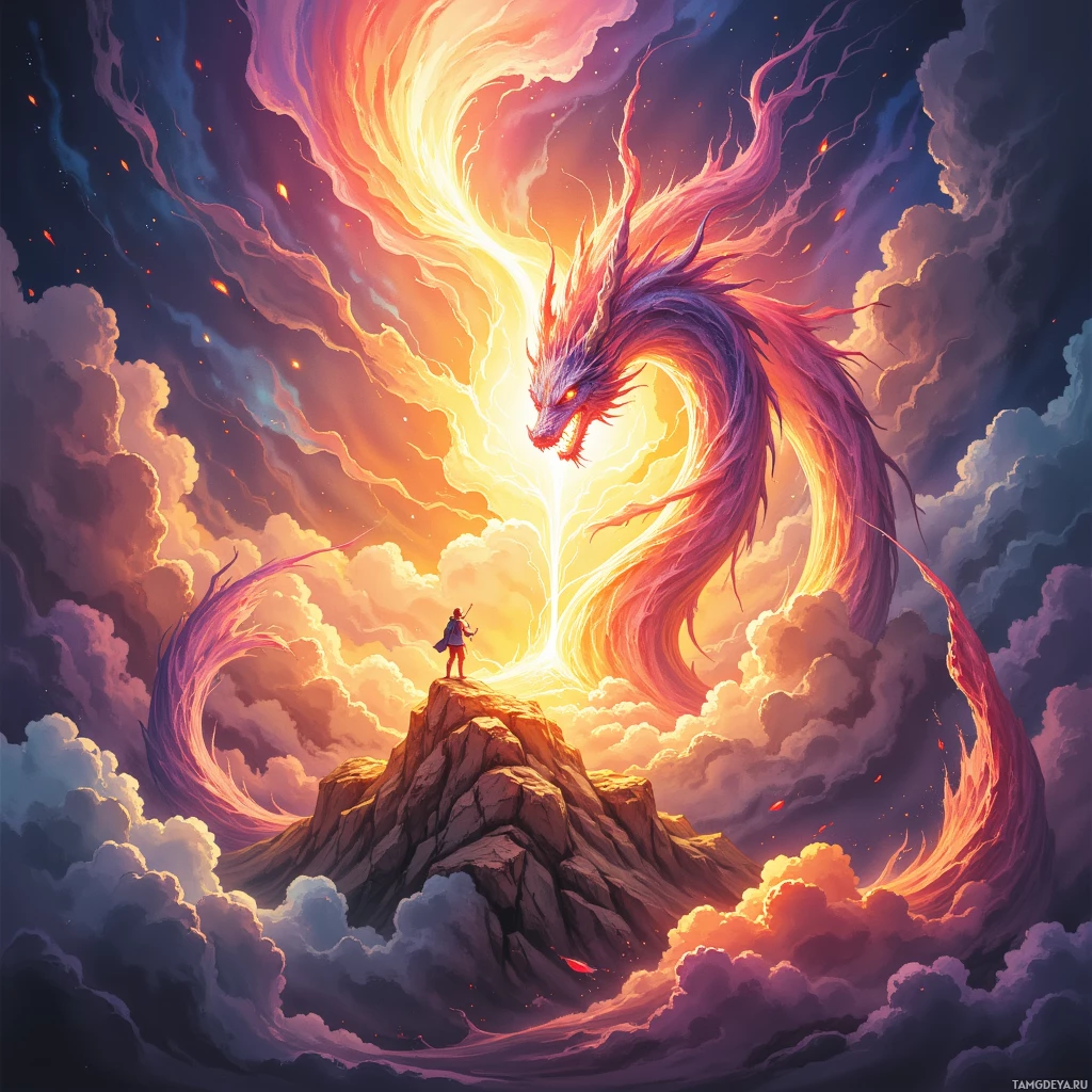 Semi-abstract image with many empty light space at center of beautiful background, that is suitable for the post:  My ideas are a stubborn dragon, precise in flame, yearning to rewrite the sky's map.