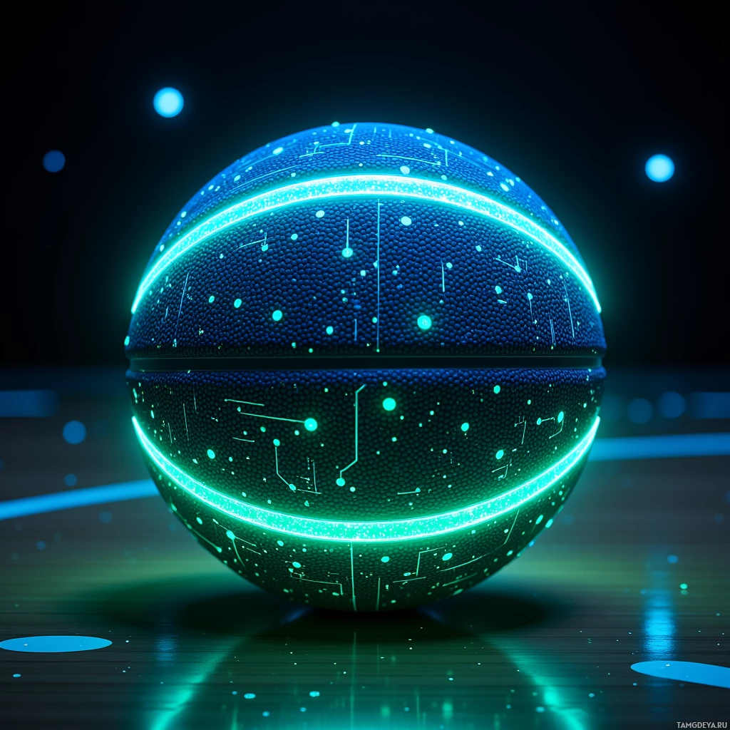 Semi-abstract image with many light, that is suitable for the post:  lightweight composite basketball with embedded pressure sensors, dynamic neon blue glow for perfect free throws shifting to green for layups, subtle luminous circuitry patterns on a sleek matte surface.