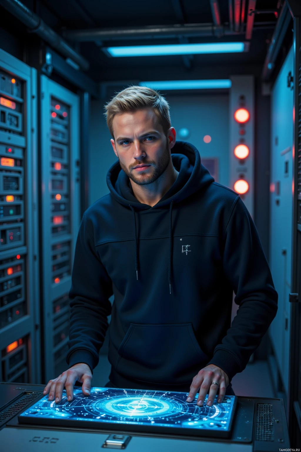 Realistic high quality photo. Male, 30, short blonde hair, neatly trimmed beard, piercing blue eyes, pale skin, wearing a sleek dark hoodie with subtle tech patterns and minimalist glasses, standing at a polished metal desk in a quiet starship server farm at midnight, surrounded by humming server racks, binary code prints on the walls, a half‑finished quantum key distribution model on the desk, intently studying a glowing logic gate panel.