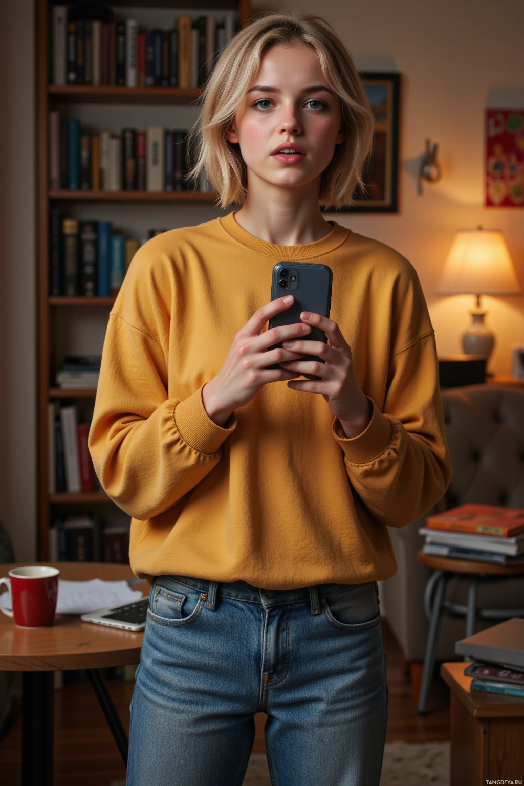 Realistic high quality photo. 19-year-old woman with tousled blonde hair and bright blue eyes in an oversized sweatshirt and relaxed jeans stands amid a cluttered apartment lit by soft amber glow, delivering an exaggerated comedic monologue about lost Wi‑Fi while holding her phone to record, laughing loudly at a glitch, surrounded by a coffee mug, laptop, and scattered notes.