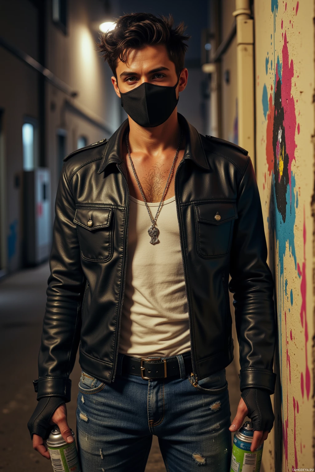 Realistic high quality photo. Masked man, 27, messy short dark hair, piercing green eyes, black leather jacket over white tank top, denim jeans, combat boots, silver chain with a miniature spray‑can pendant, standing in a dim alley at night, holding spray cans, painting a beige wall with a bright neon splash that defies new city regulations, surrounded by a tense, rebellious urban atmosphere.