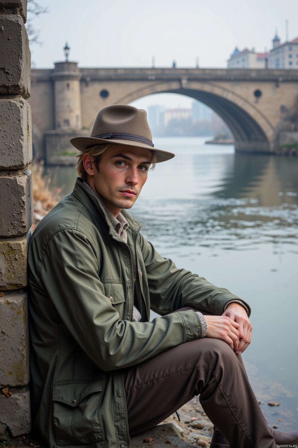 Realistic high quality photo. 32‑year‑old man with short blonde hair, brown eyes, pale skin, wearing a simple outdoor fishing jacket and matching hat, sits on the riverbank beside an old stone bridge as calm water flows past, distant city buildings loomed in muted light.
