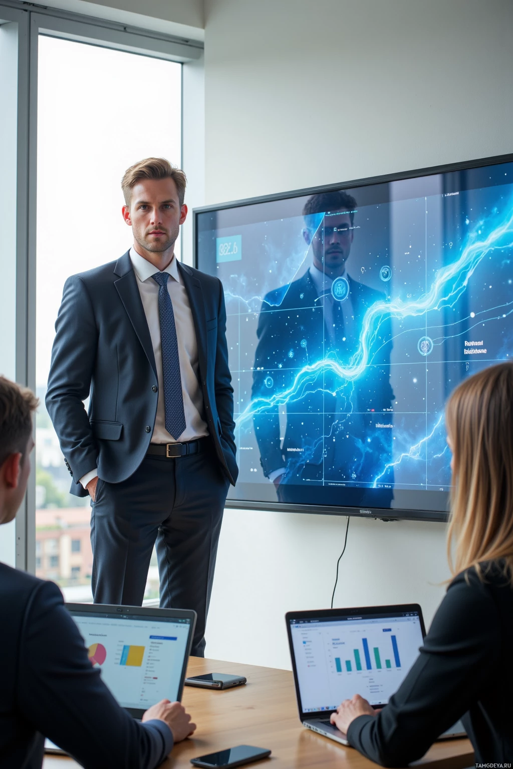 Realistic high quality photo. A tall man in his late thirties with short blonde hair and piercing blue eyes, wearing a tailored dark suit and crisp white shirt, standing in a bright modern conference room beside a large digital roadmap displayed on a screen, surrounded by attentive colleagues collaborating at laptops while afternoon natural light streams through floor‑to‑ceiling windows.