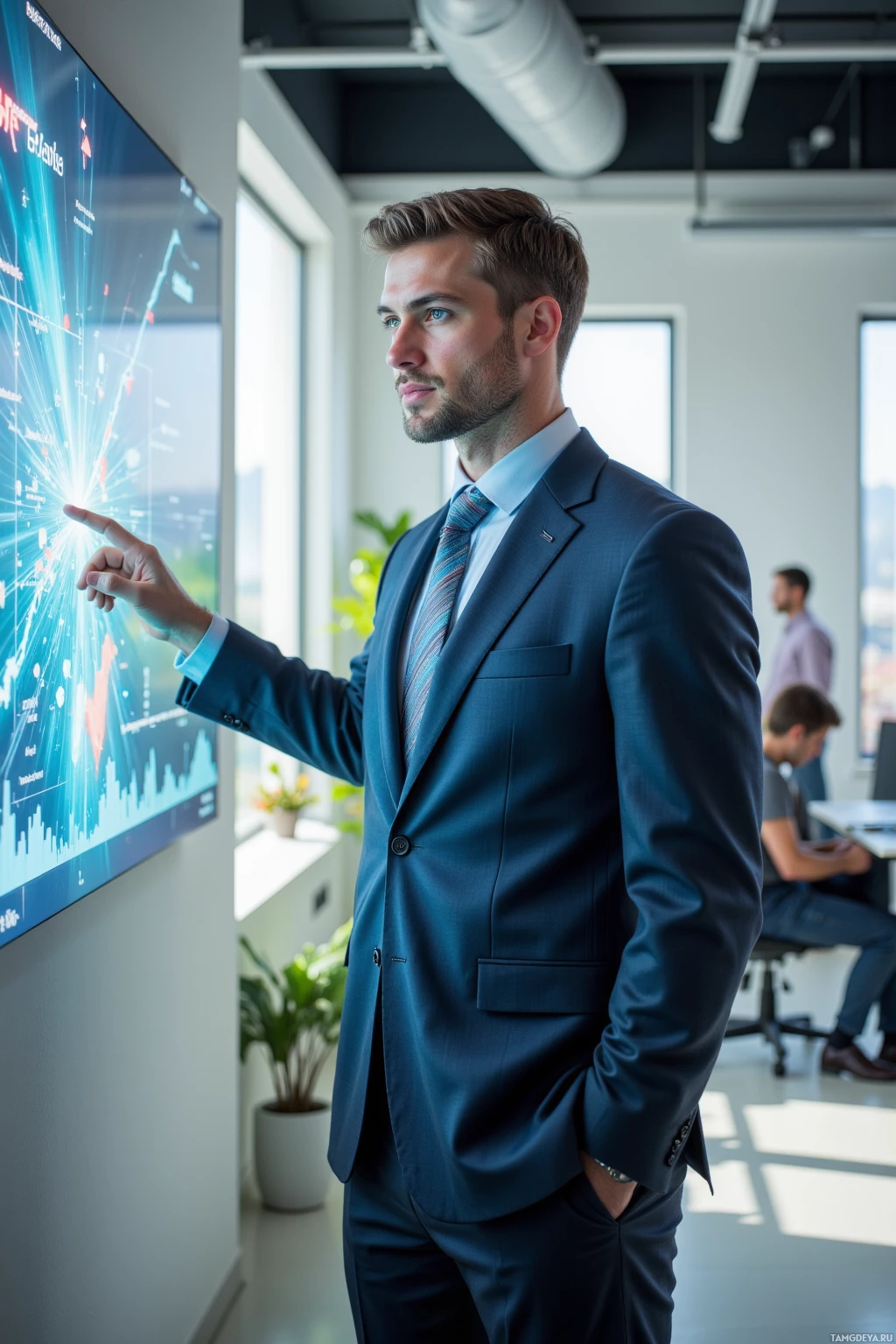 Realistic high quality photo. Tall, 35‑year‑old man with neatly styled light brown hair and piercing blue eyes, wearing a perfectly tailored suit and tie, stands authoritatively in a bright modern office at midday, pointing at a holographic data stream projected on a large screen while sunlight slices through blinds and casts dancing shadows across the wall, with a few blurred, distracted teammates in the background.