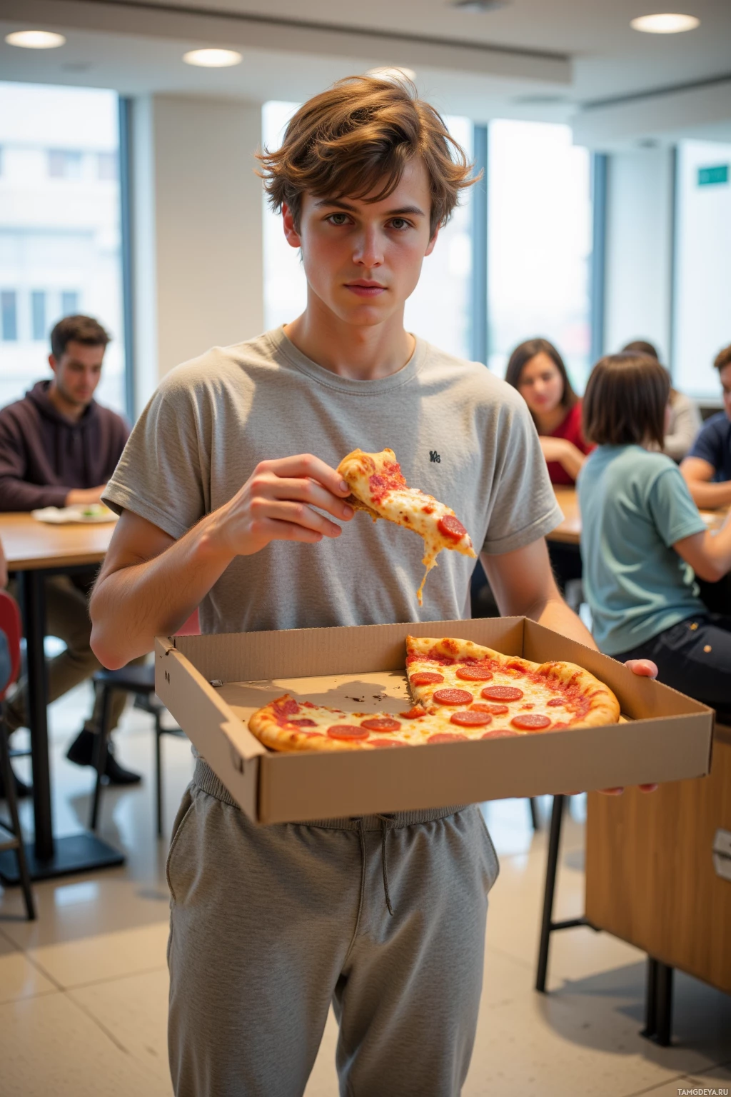 Realistic high quality photo. Young male student (21) with messy light brown hair, blue eyes, wearing a plain t-shirt, loose sweatpants, black socks, standing in a bright university cafeteria at midday, holding an open pizza box and a jigsaw puzzle piece while reaching for the last pepperoni slice; other students around are laughing, casual indoor dining setting, modern realism.