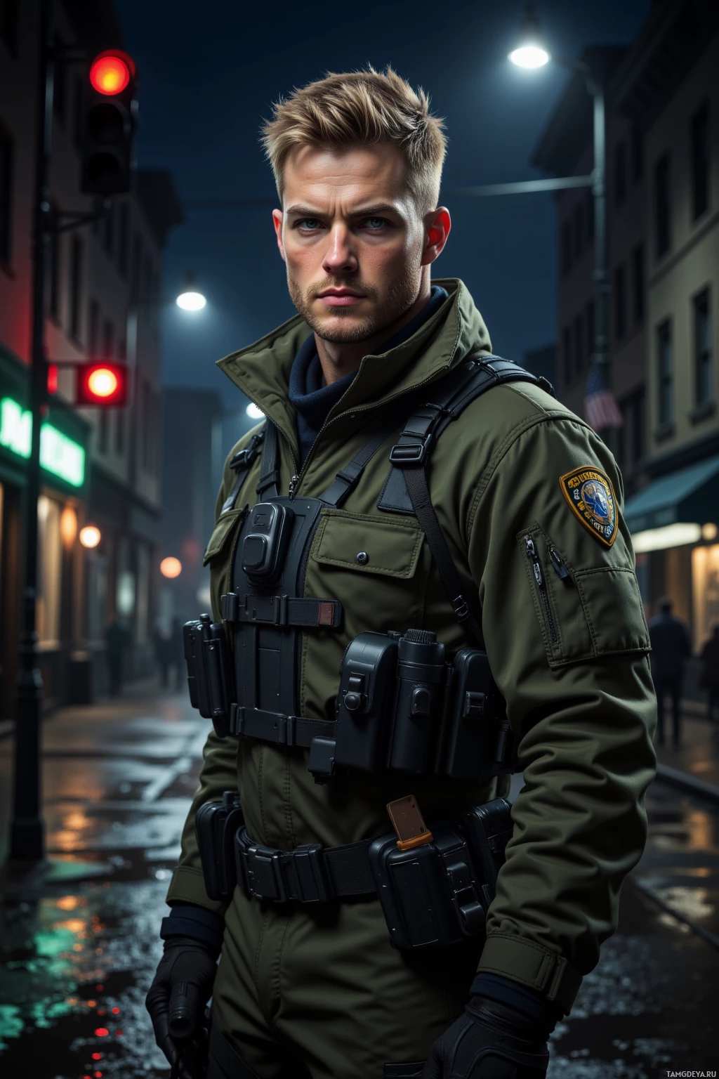 Realistic high quality photo. Man, short blonde hair, blue eyes, strong jawline and intense gaze wearing olive green tactical jacket and pants with a utility belt, standing on a dark wet city street at night beside a broken traffic light, scanning the alley in disciplined posture ready to enforce justice.