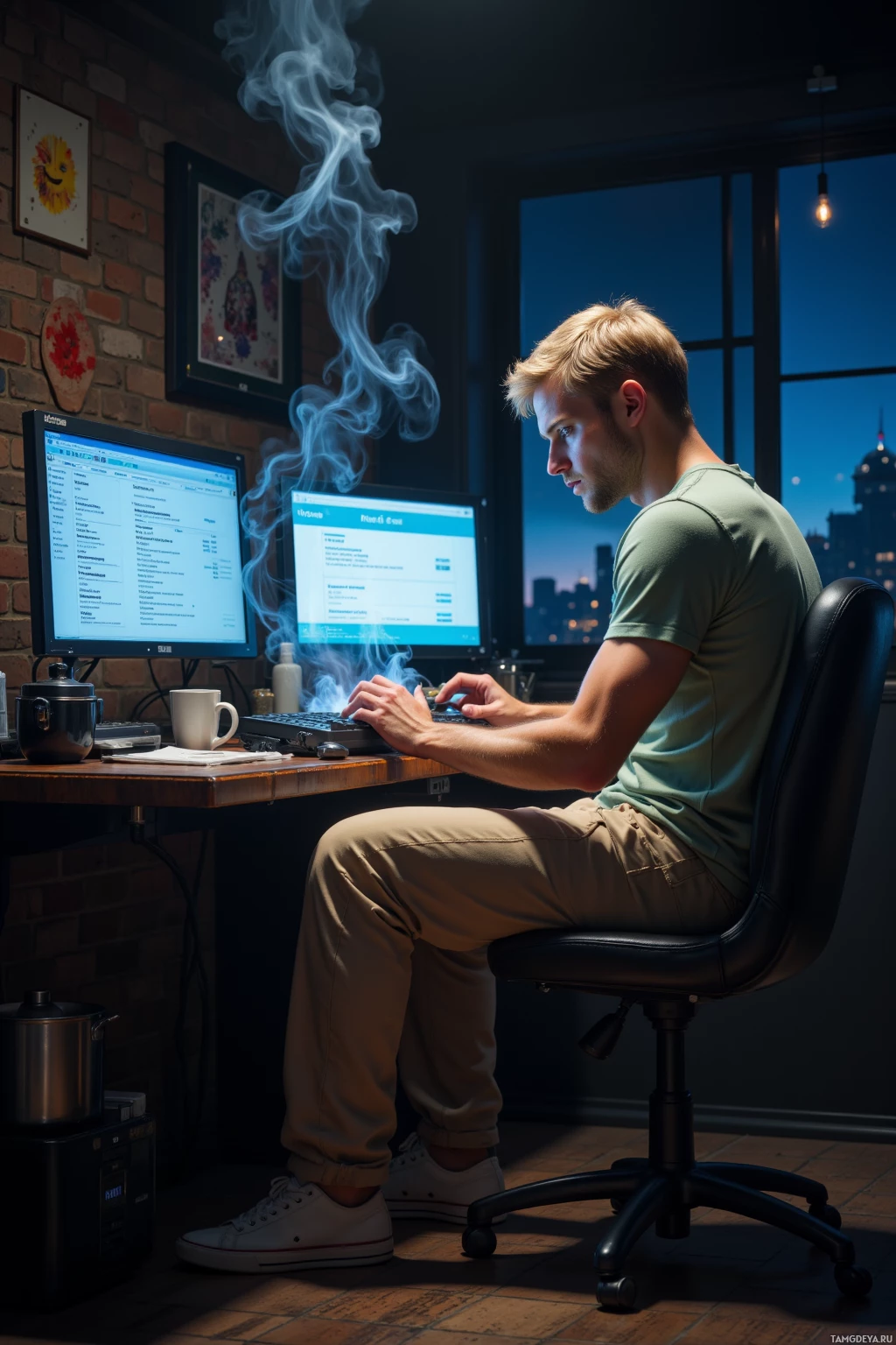 Realistic high quality photo. Short-haired blonde man with blue eyes, wearing a pale green t‑shirt, loose beige joggers and white sneakers, sits at a midnight kitchen counter stirring a pot of stewed beef scented with smoked paprika, a glowing computer screen displays blinking invoices like dungeon doors while a second monitor shows a meme titled “burnt stew hero”, steam curling over the pot in a scene of controlled chaos.