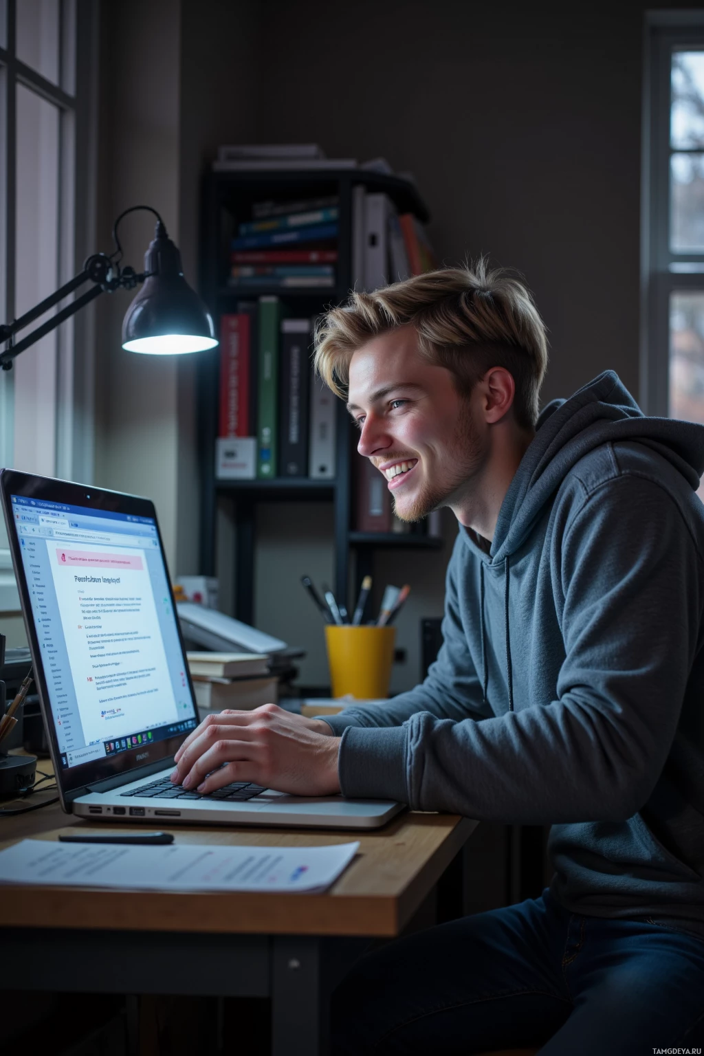 Realistic high quality photo. A carefree young man with short blonde hair and blue eyes wearing a grey hoodie and jeans sits hunched over a cluttered desk under a soft desk lamp, laughing as he types a sarcastic line into his laptop displaying a glitching error message.