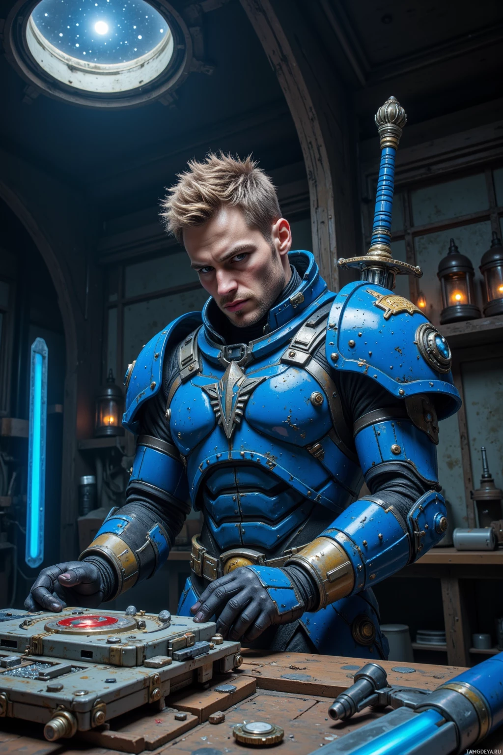 Realistic high quality photo. Male, 29, spiky light brown hair, pale skin, sharp features, in blue armor plating and visor helmet, tightening the last screw on a weathered module inside a dim lab while a glowing blue sword rests on a workbench, stars visible through a viewport overhead, ancient firmware humming, his posture calm and protective.