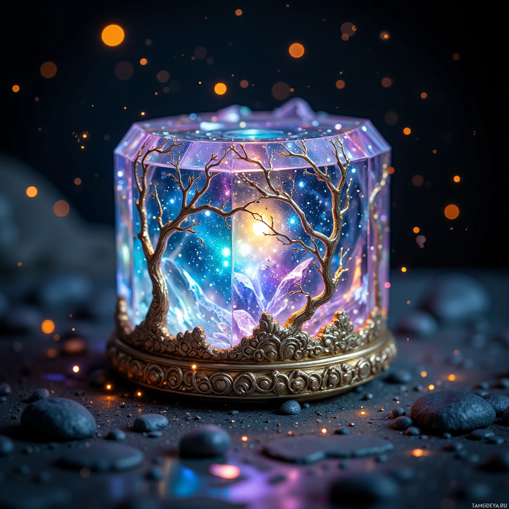 Semi-abstract image with many light, that is suitable for the post:  tiny iridescent crystal prism with faceted glass and a golden rim, etched with swirling vines of moonlit silver, humming softly and emitting sparkling stardust motes that drift like fireflies when rotated.
