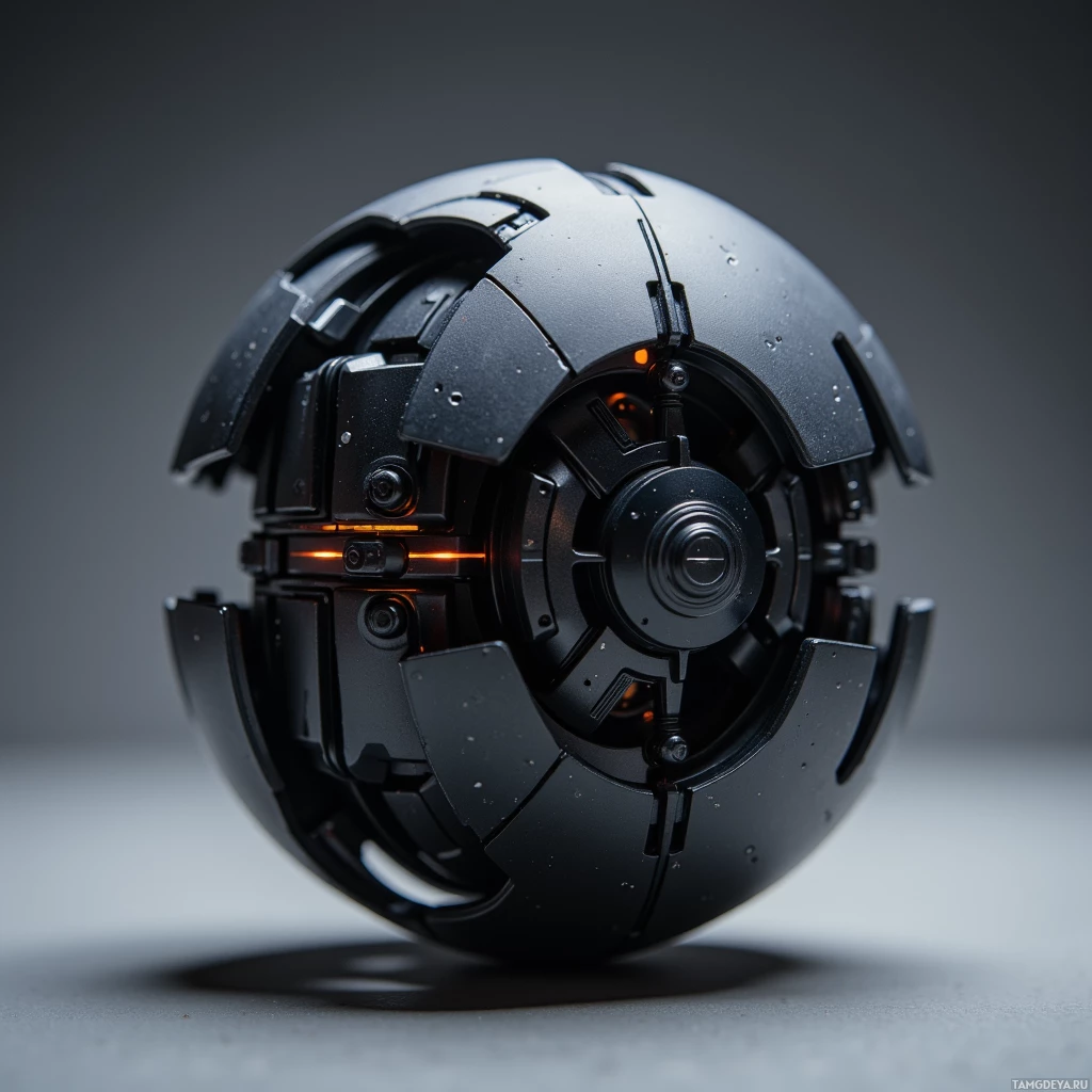 Semi-abstract image with many light, that is suitable for the post:  An ultralight tactical drone folded into a compact matte‑black sphere with carbon‑fiber ribs and laser‑cut micro‑grooves, featuring sleek aerodynamic lines and magnetic docking ports.