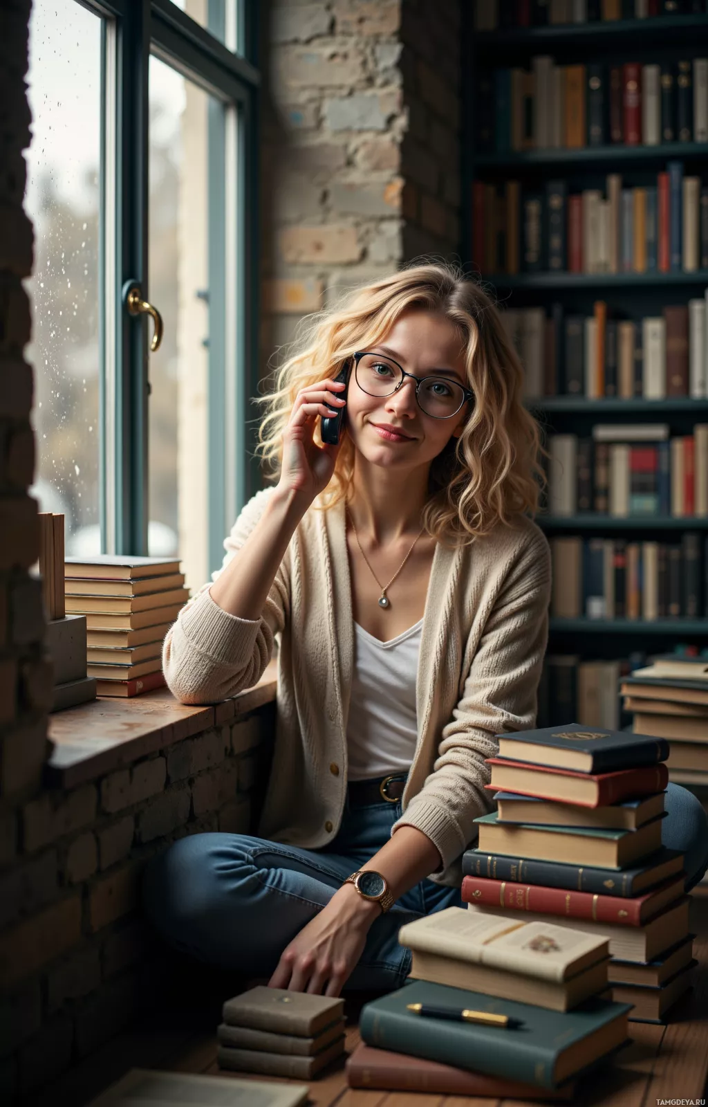 Женщина сидит у окна, окруженная книгами, и разговаривает по телефону.