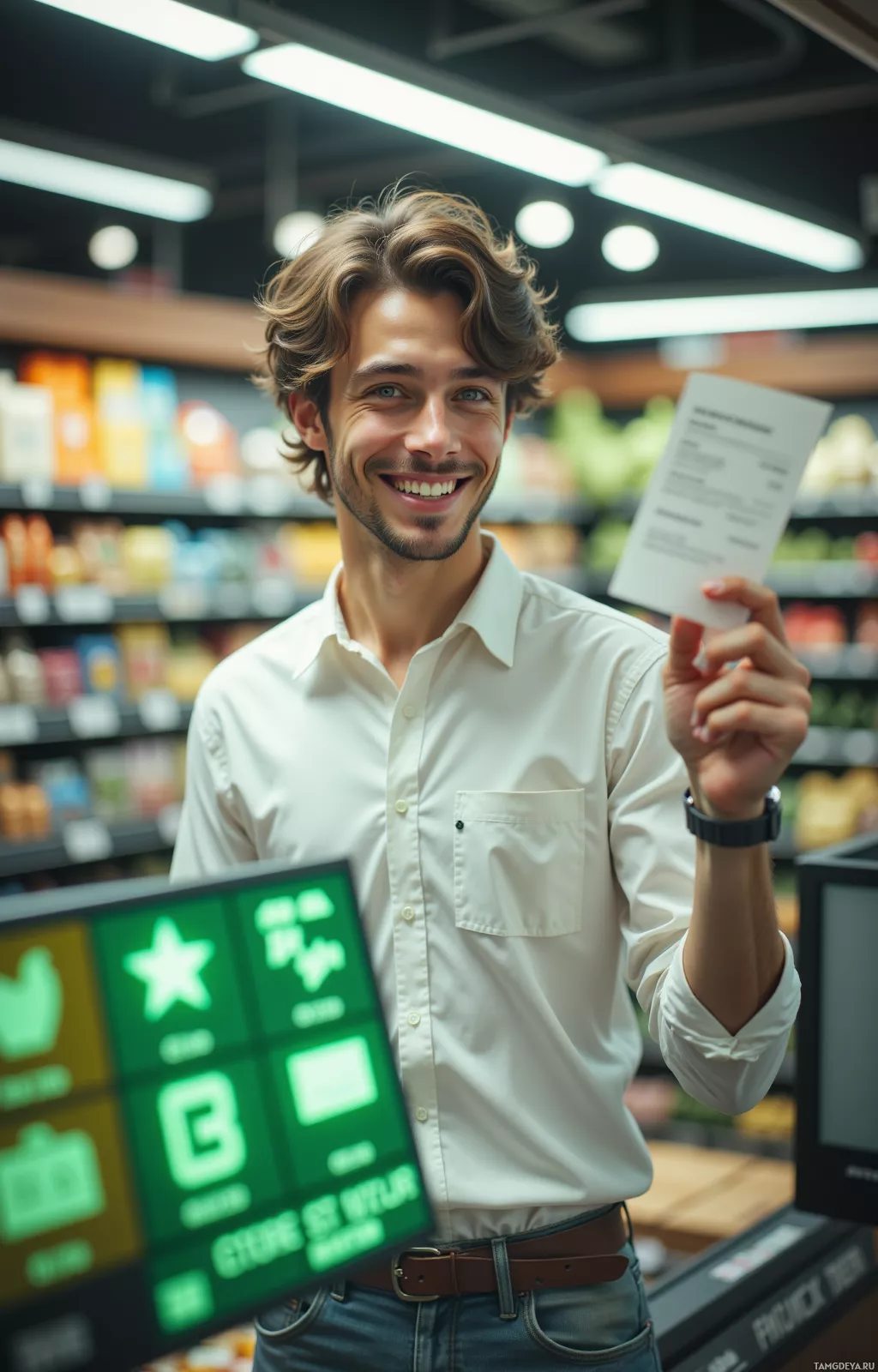Мужчина в белой рубашке улыбается, держа в руках карту в продуктовом магазине.