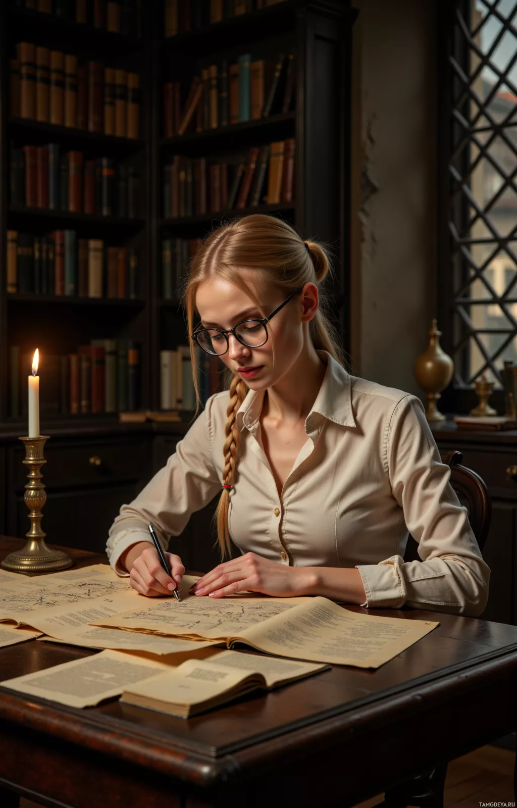 В библиотеке женщина сидит за столом и пишет, рядом с ней книги и свеча.