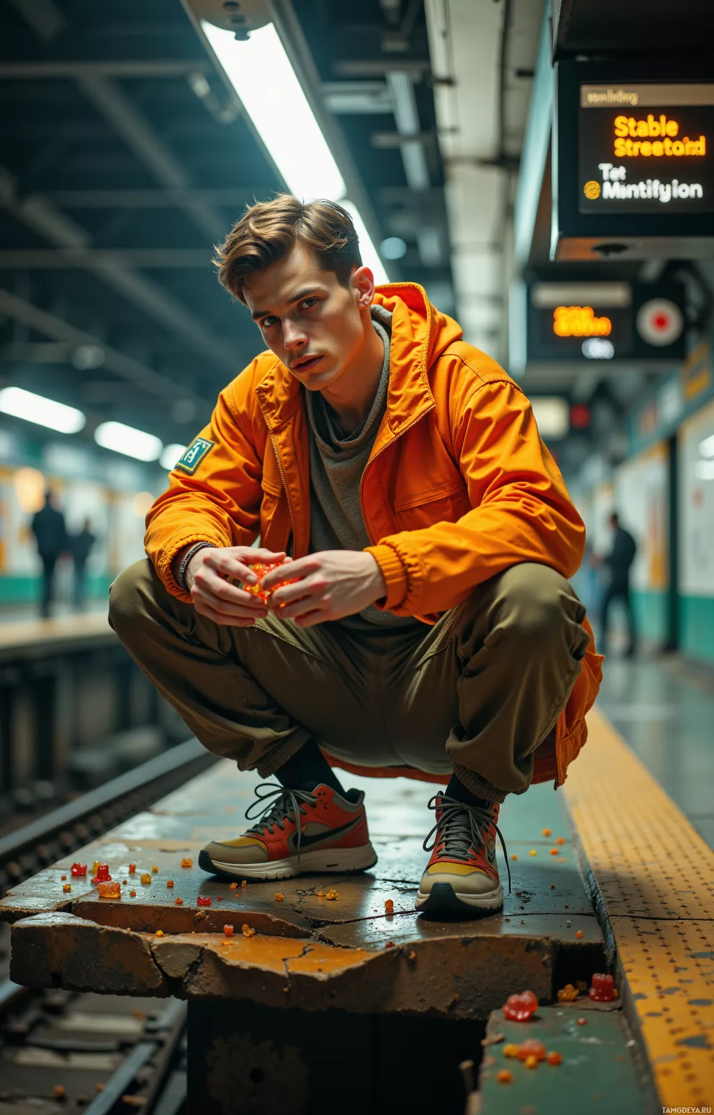 Человек в оранжевой куртке и кроссовках присел на платформе метро, вокруг разбросаны конфеты.