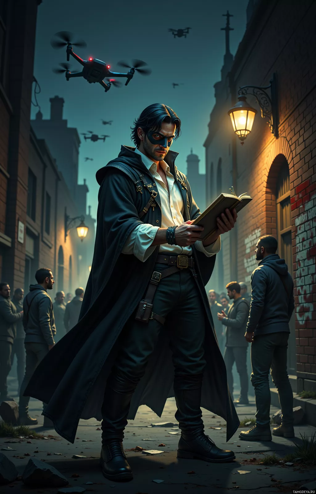 Мужчина в плаще и маске стоит на улице на закате, держа в руках книгу, над головой пролетают дроны.