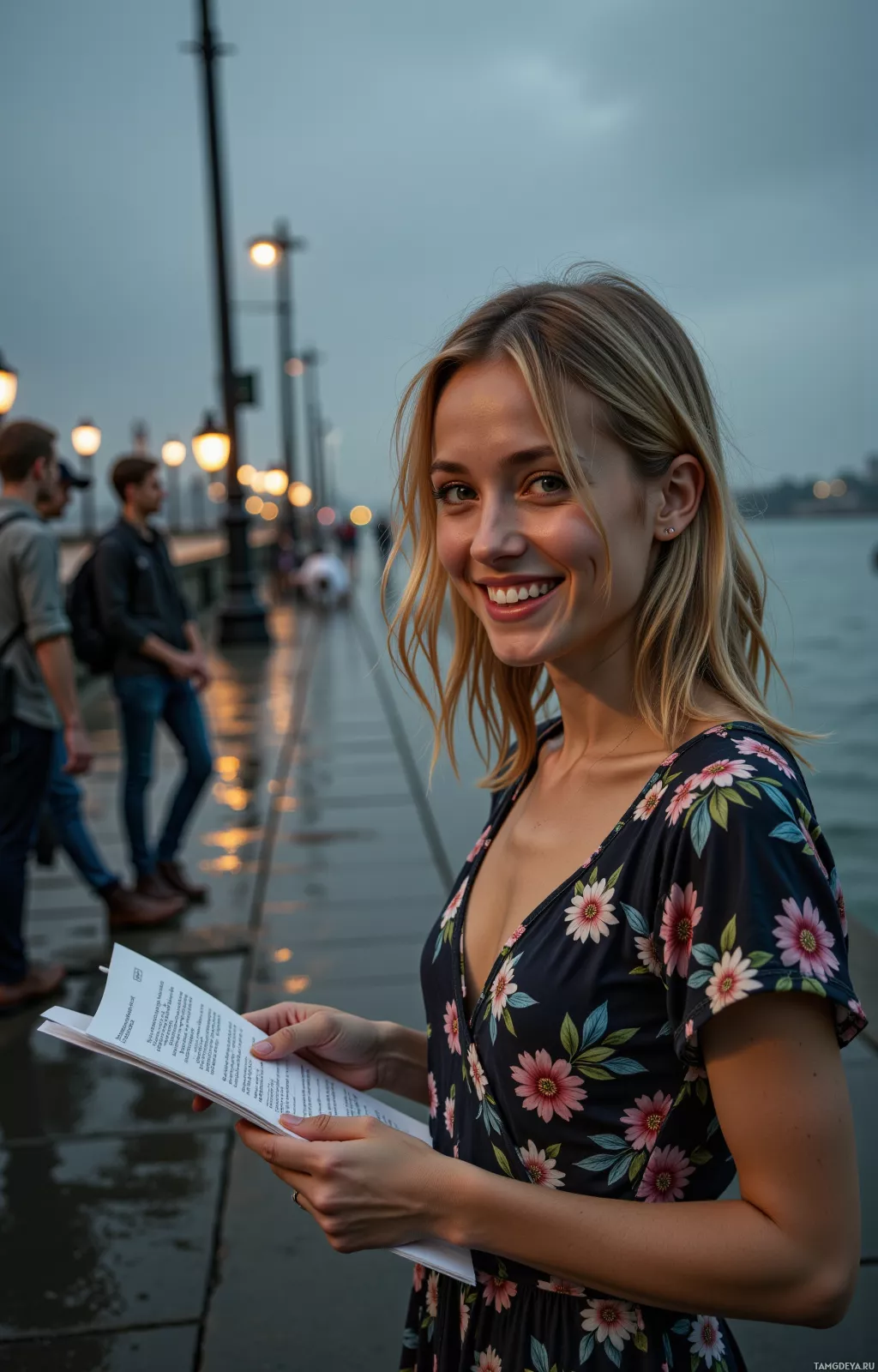 Женщина в цветочном платье улыбается, держа в руках книгу, и стоит на мокром тротуаре у набережной.