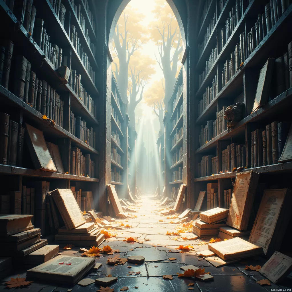 Солнечный свет заливает книжные полки и рассыпанные на полу книги.