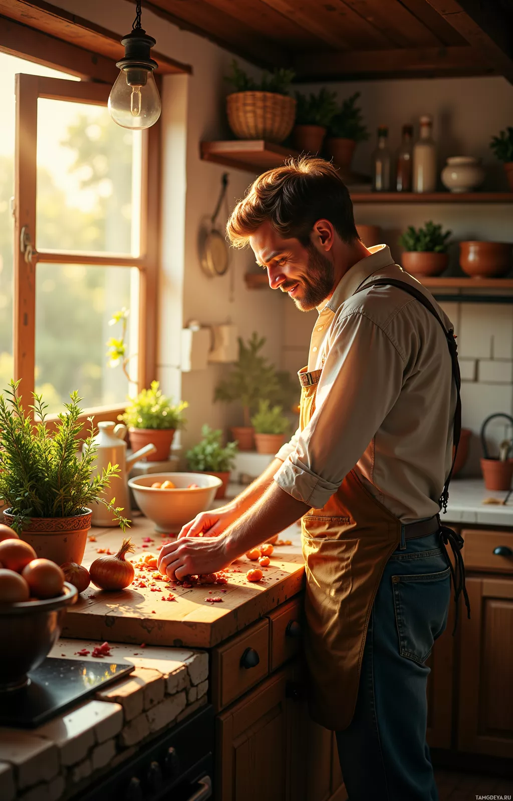 Мужчина в фартуке рубит овощи на деревенской кухне.