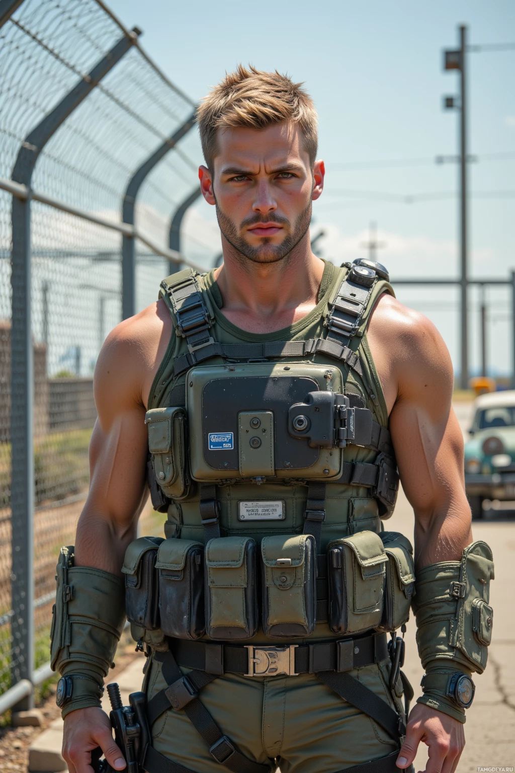 Realistic high quality photo. Muscular 32‑year‑old male with short blonde hair, piercing blue eyes, pale skin, wearing tactical gear, standing on a security perimeter fence at a military base, scanning for weak points, focused and serious, daylight.