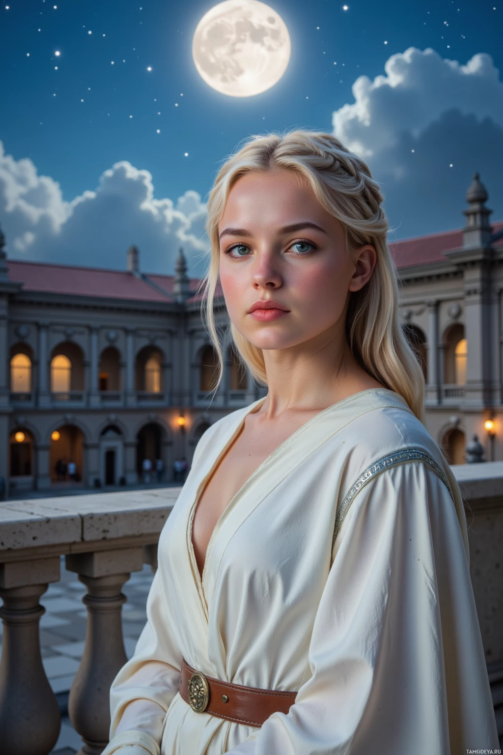 Женщина в белом платье стоит на балконе под ночным небом, освещенным полной луной.