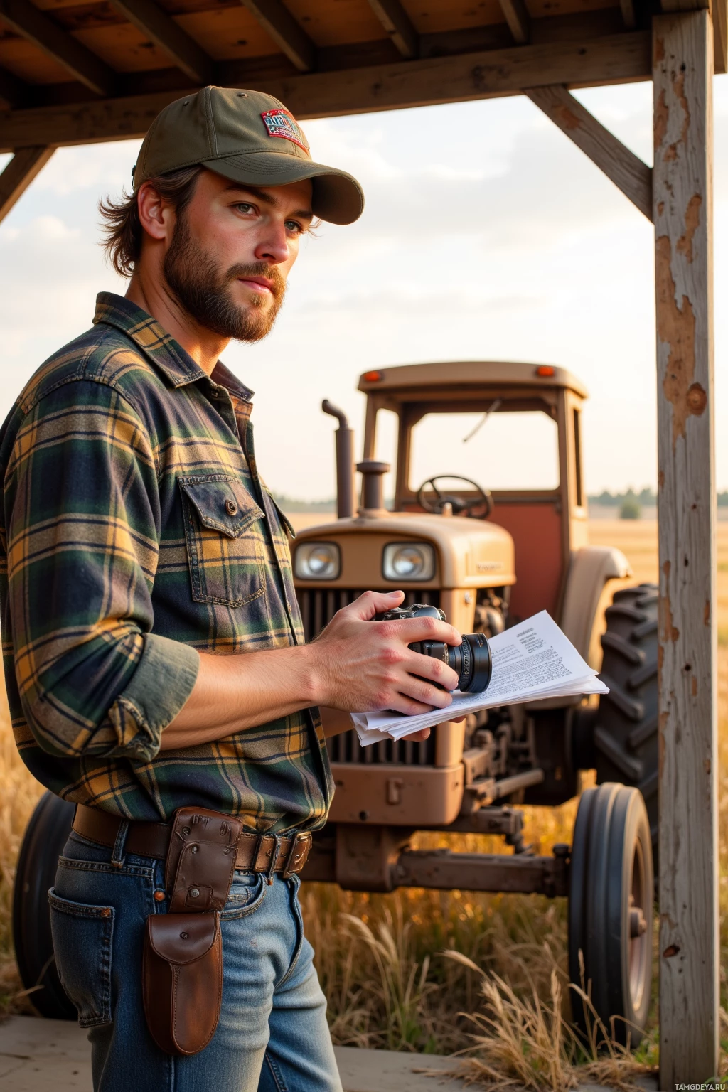 Realistic high quality photo. 35-year-old rugged man with blonde hair, blue eyes, stubbly beard, wearing a flannel shirt, faded farm logo cap, practical work clothes, stands on a porch beside an old rusted tractor in a wheat field at sunrise, holding a film camera while searching through a stack of paperwork in the wind.