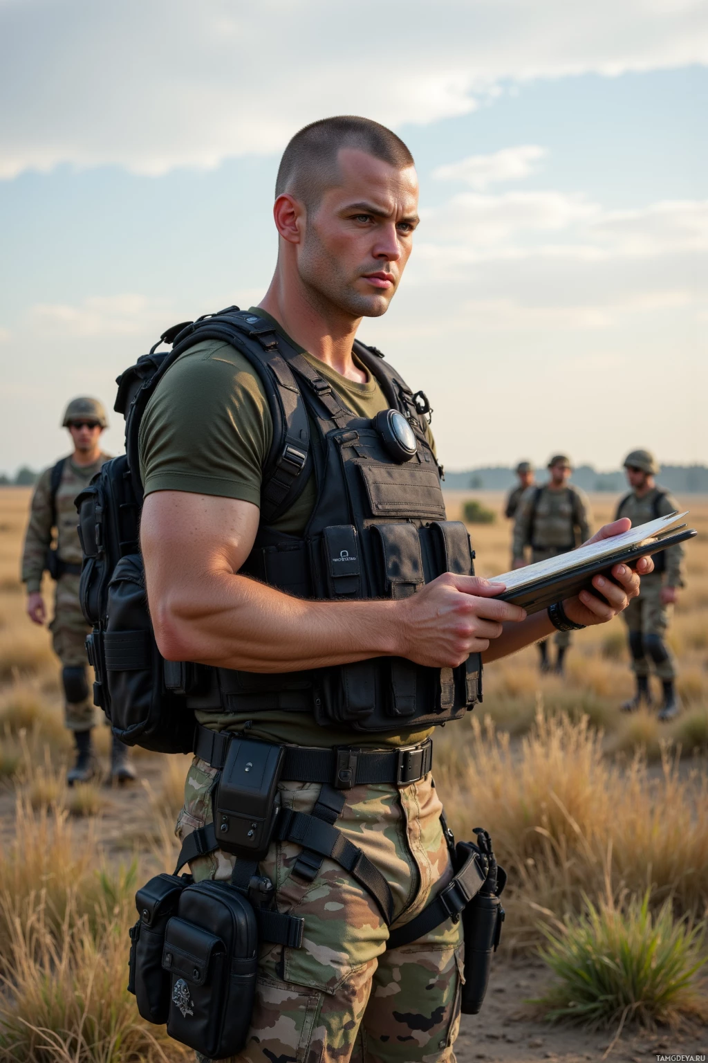 Realistic high quality photo. Male trainer, 36, shaved head, blue eyes, angular jaw, fair skin, muscular, in black tactical vest, cargo pants, sturdy boots, standing in an open training field at afternoon, observing a full‑issue march of soldiers in camouflage, holding a clipboard and pointing at a map, stern and focused, modern realism.