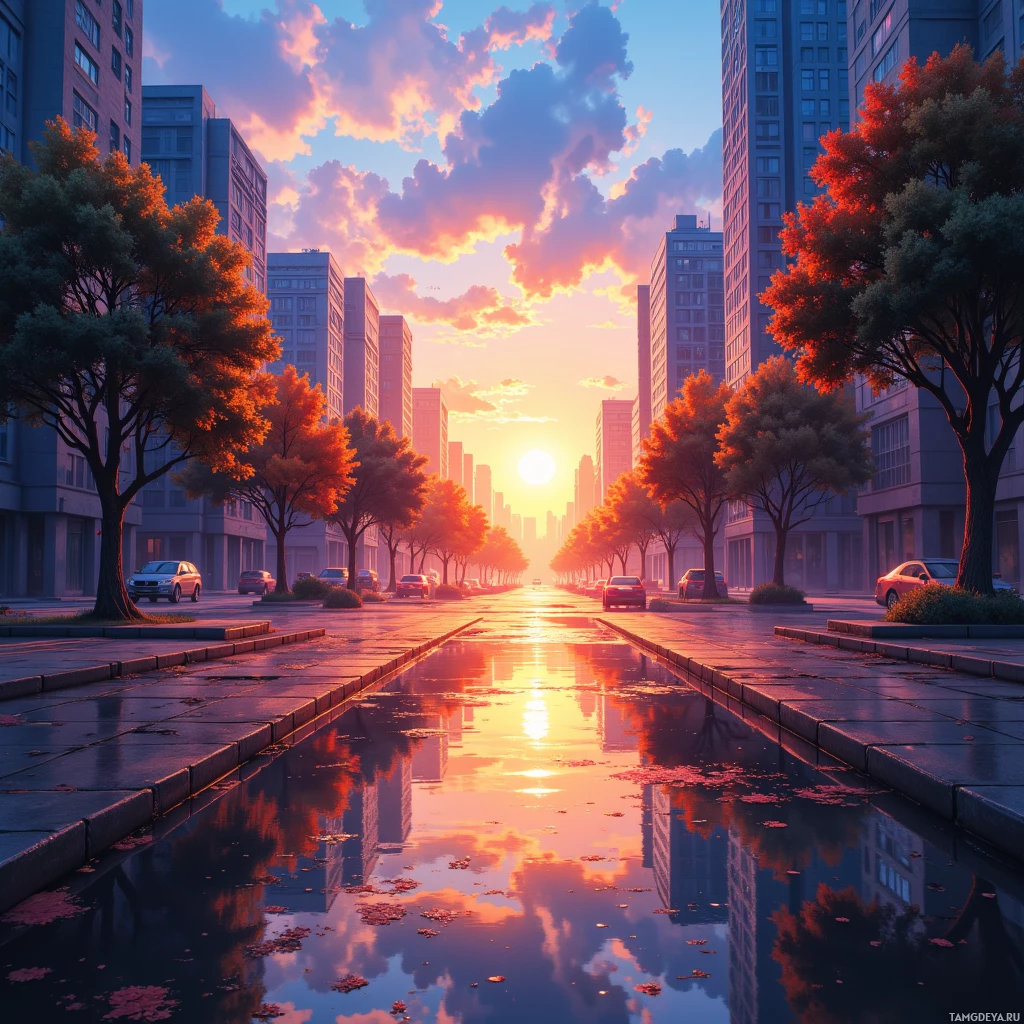 Semi-abstract image with many empty light space at center of beautiful background, that is suitable for the post:  Sunset streams through the city like a runaway river, each puddle a promise of tomorrow’s thrill.