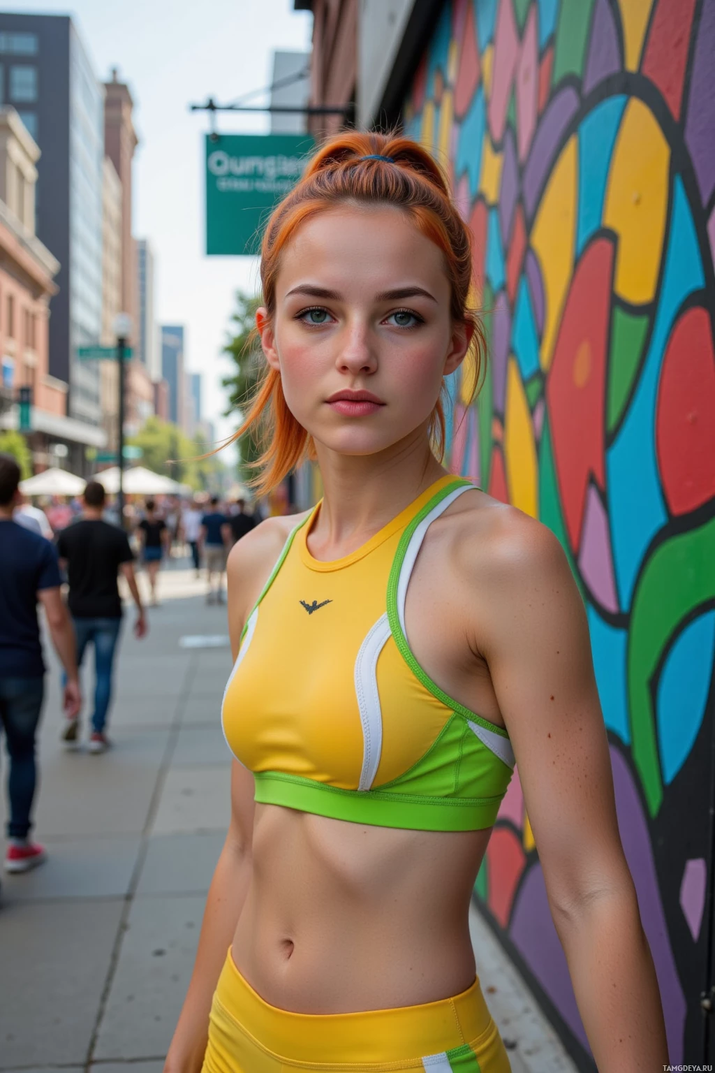A person in a yellow sports bra and matching shorts stands in front of a colorful mural on a city sidewalk.