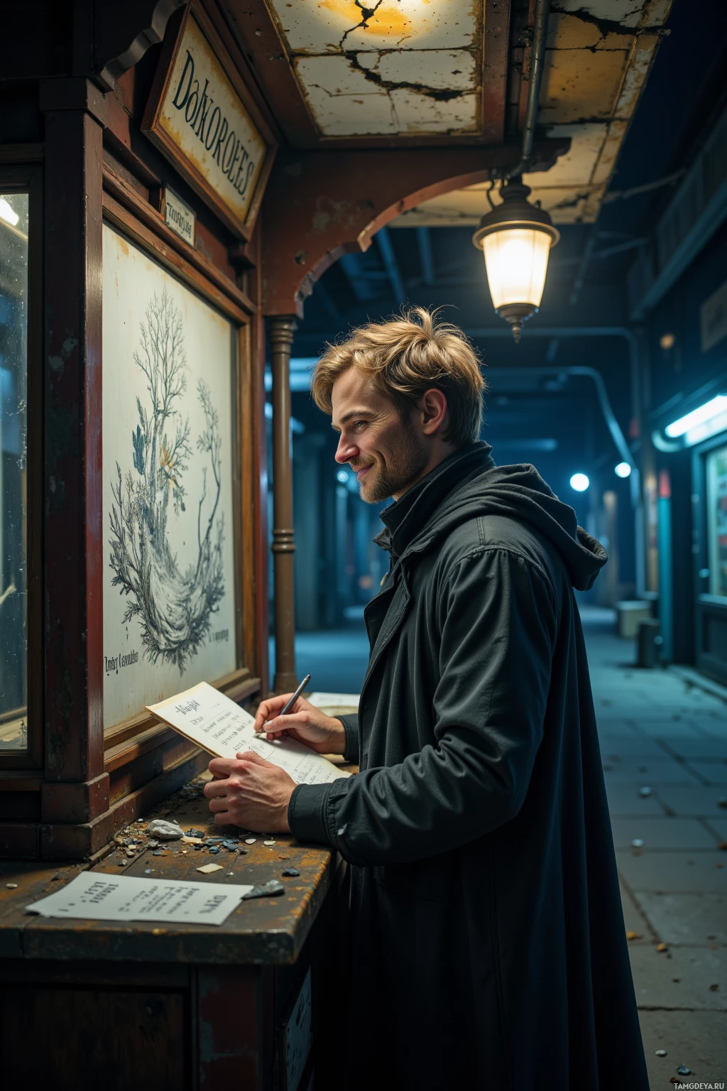 Realistic high quality photo. A pale-skinned 31‑year‑old man with messy light brown hair and bright blue eyes, wearing a dark hooded cloak over muted clothing, stands at a rusted ticket booth under a cracked canopy in an abandoned station at night, chuckling while sketching with a pen, wind swirling around him, dim lantern light filtering through the canopy.