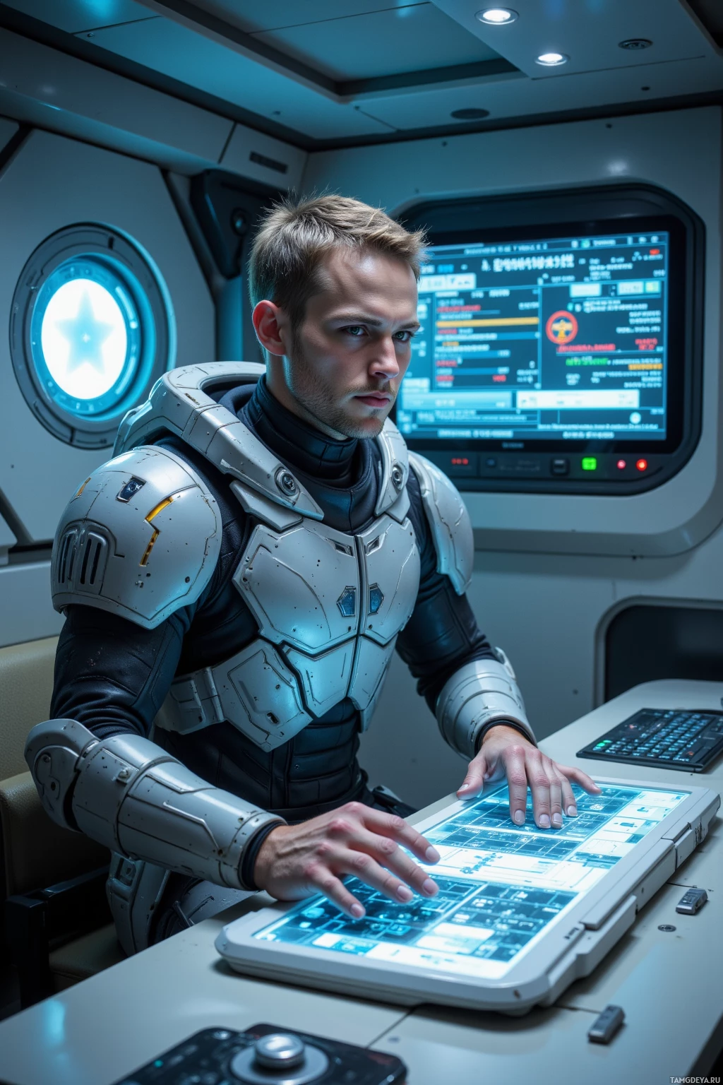 Realistic high quality photo. Male, 34, light brown cropped hair, green eyes, wearing segmented grey armor with geometric patterns, sits in a sterile high‑tech containment chamber, typing on a holographic console while diagnostic panels flash code, buffer states and containment logic, ambient cool blue light illuminating the room, his posture exuding obsessive precision.