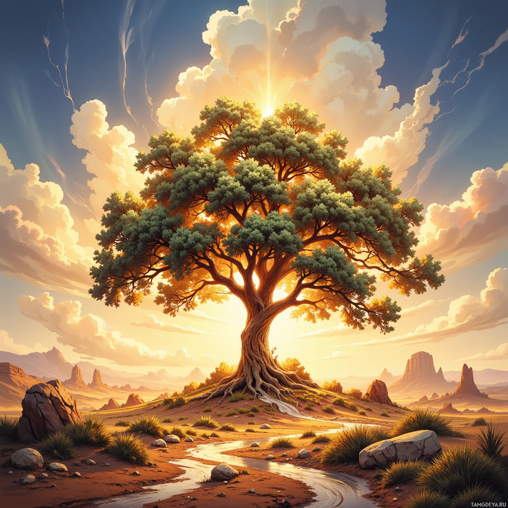 Semi-abstract image with many empty light space at center of beautiful background, that is suitable for the post:  A lone oak in a desert, roots clutching unseen rivers, standing firm against the wind’s relentless song.
