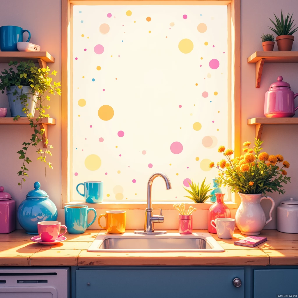 Semi-abstract image with many empty light space at center of beautiful background, that is suitable for the post:  My kitchen is a splash of color‑coded mugs; my desk is a flawless sans‑serif line—life balances on a pixel.