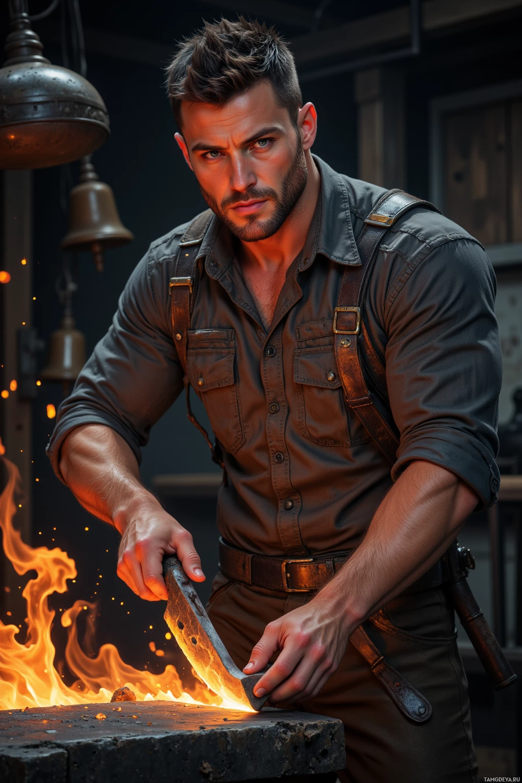 Realistic high quality photo. A muscular 34‑year‑old blacksmith with short dark hair, piercing blue eyes, rugged jawline, wearing a weathered work shirt with metal studs and a hammer slung over his shoulder, tracing the edge of a glowing steel blade on an anvil in a dim forge where bellows hiss and sparks fly from heated steel.