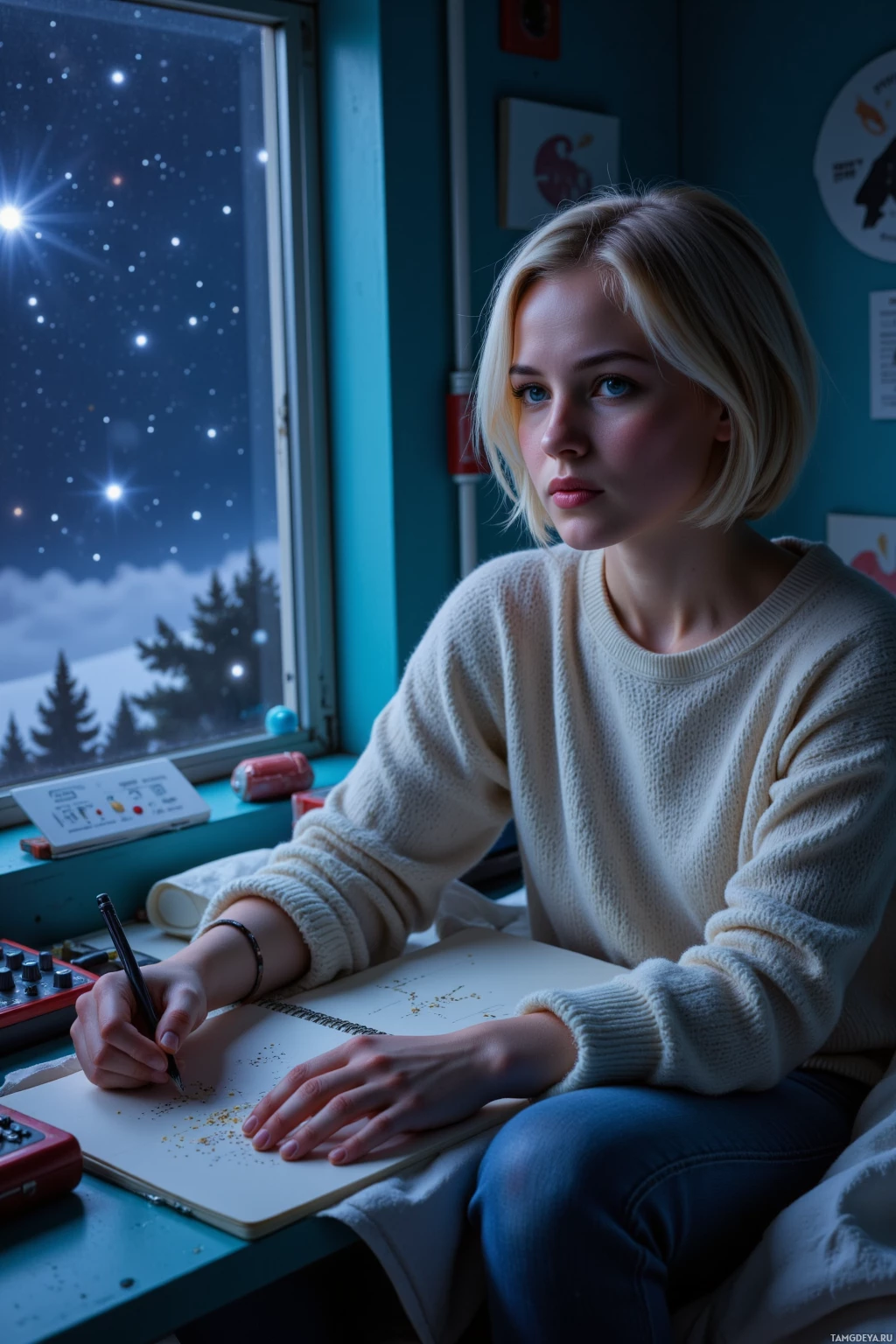 Человек сидит за столом у окна и что-то записывает в блокнот.