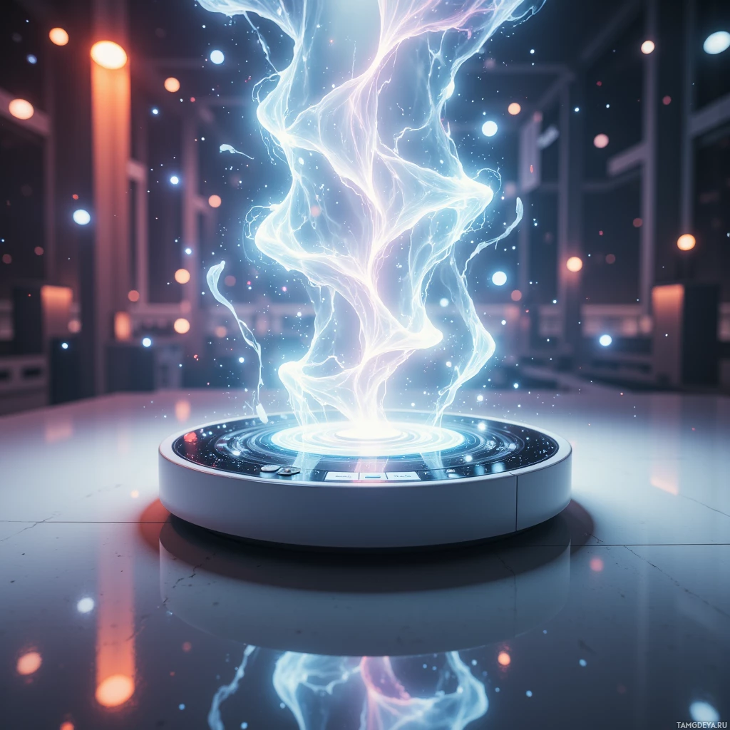 Футуристическое устройство излучает светящуюся, похожую на электричество энергию в современной, слабо освещенной обстановке.