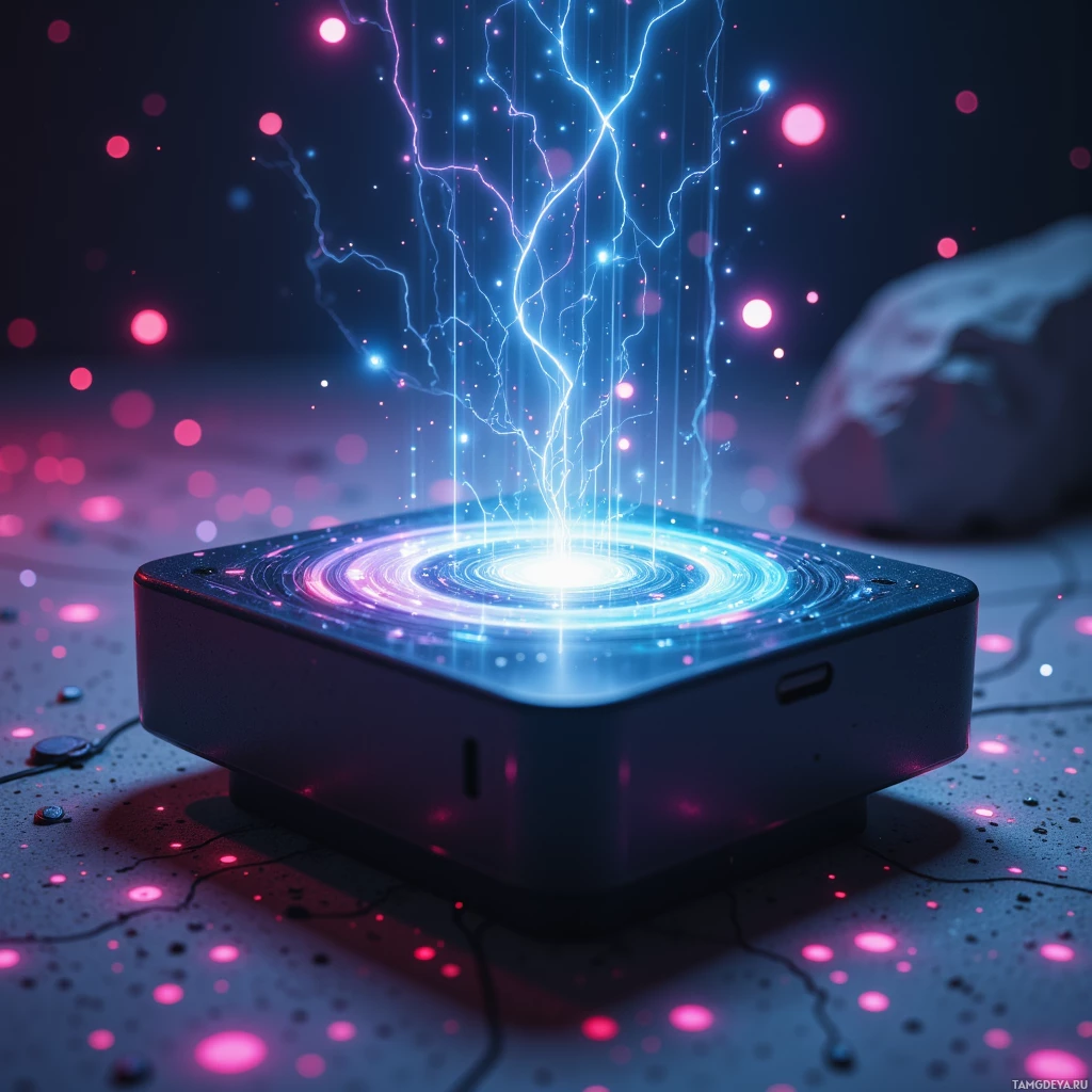 Футуристическое устройство излучает светящиеся голубые и розовые энергетические лучи на фоне темноты.
