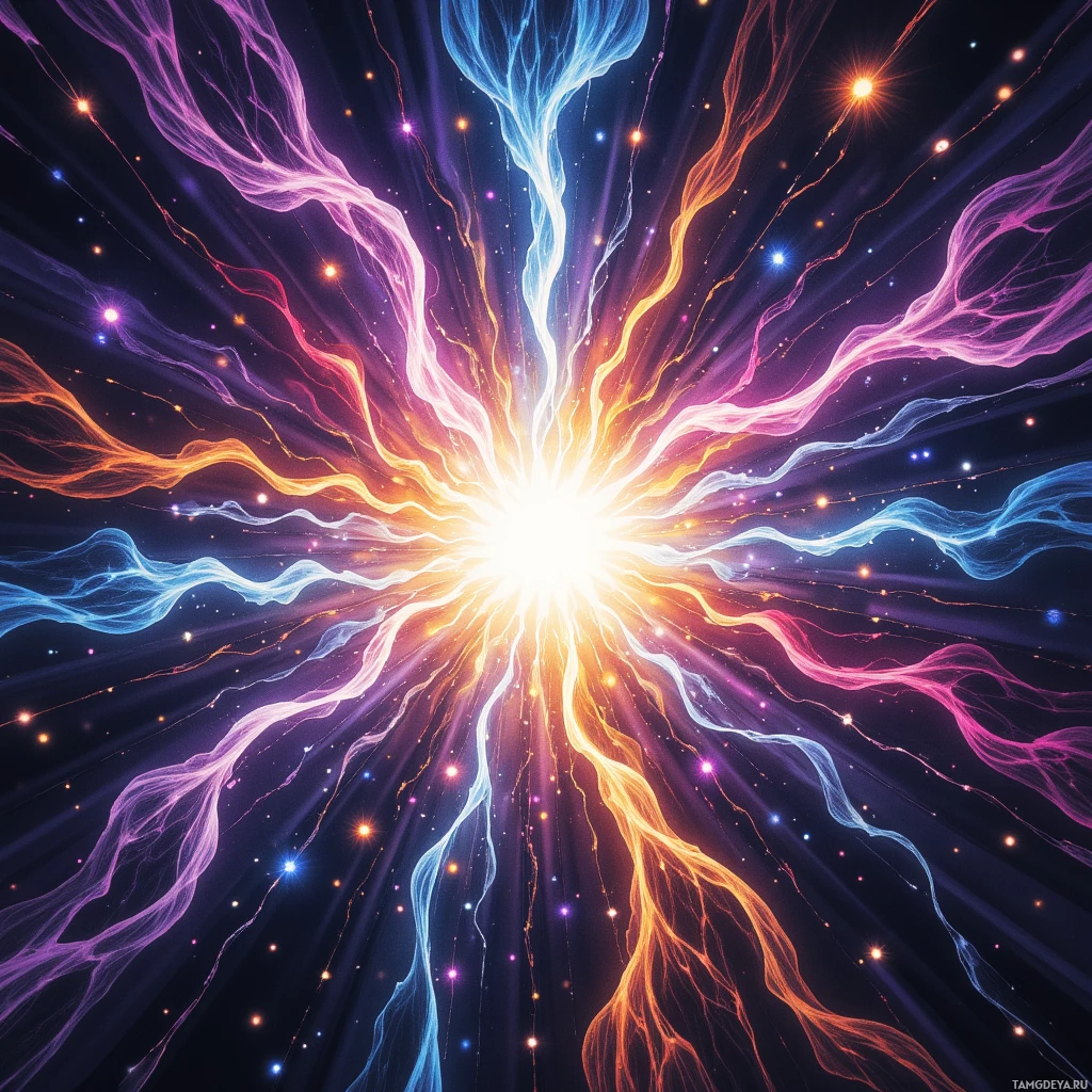 Яркий космический взрыв с сияющими потоками света и разноцветными частицами.
