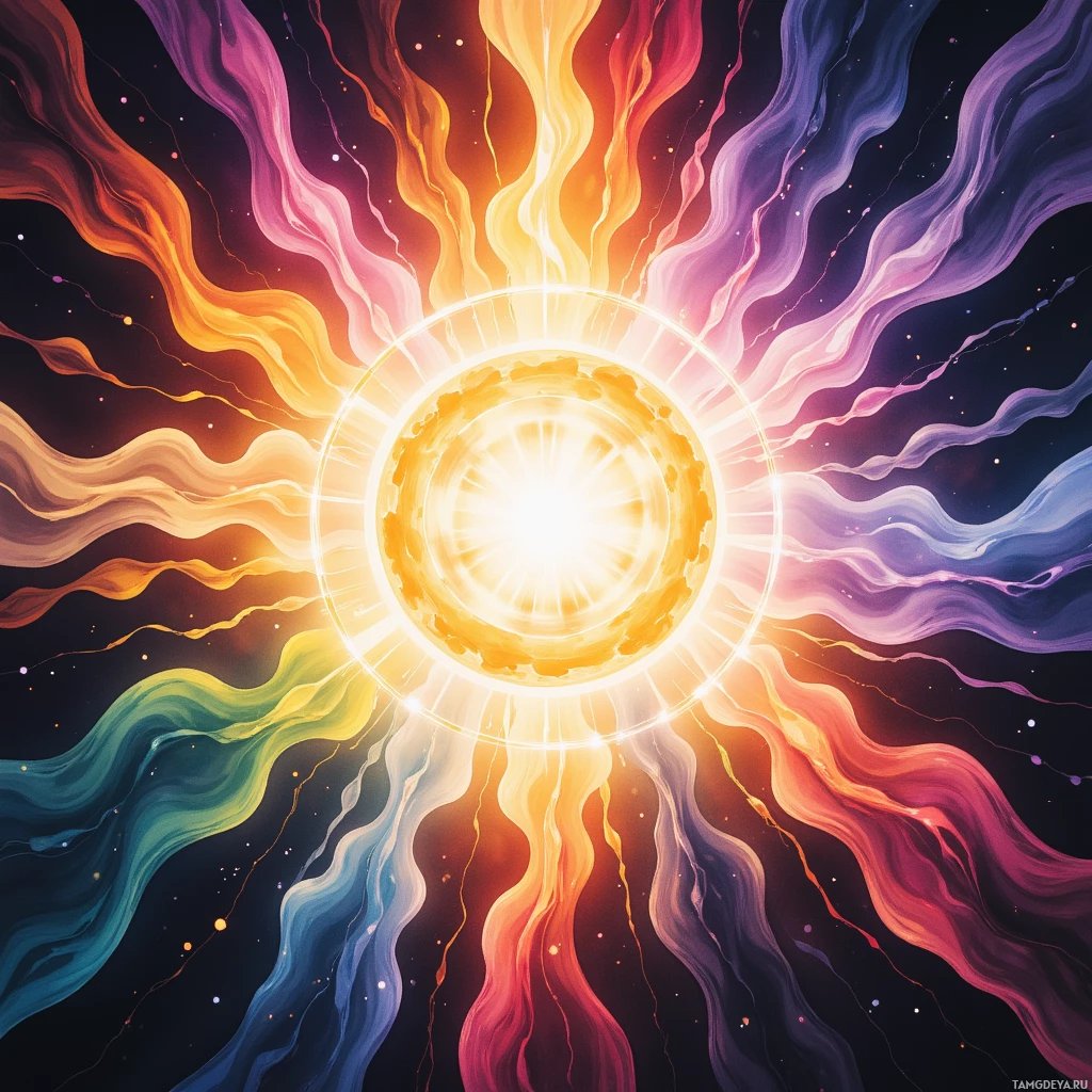 Яркая, абстрактная композиция с сияющим центром, окружённым вибрирующими потоками разноцветной энергии на тёмном фоне.