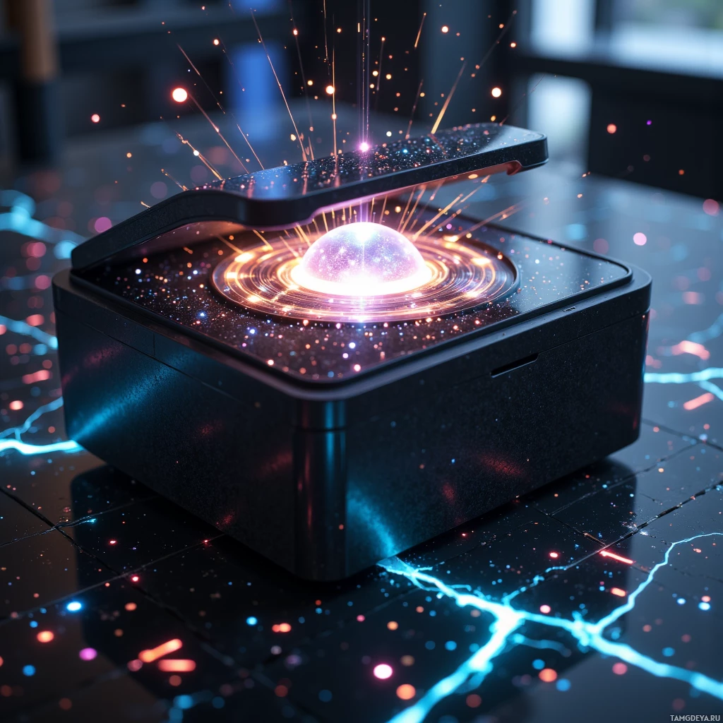 Футуристическое устройство с мерцающими частицами и центральным источником света, излучающим космическое свечение.