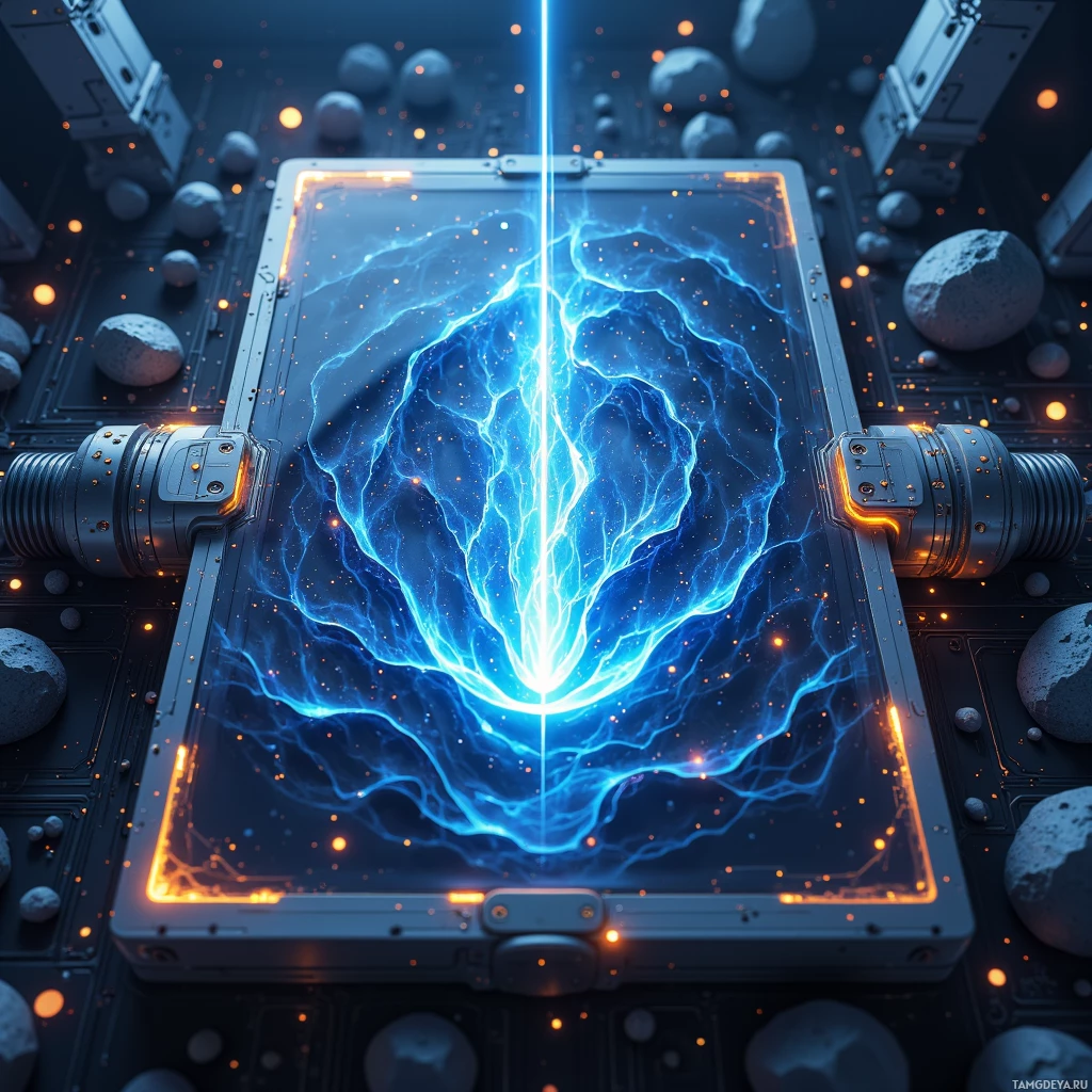 Футуристическое устройство с синим свечением энергии и оранжевыми акцентами.