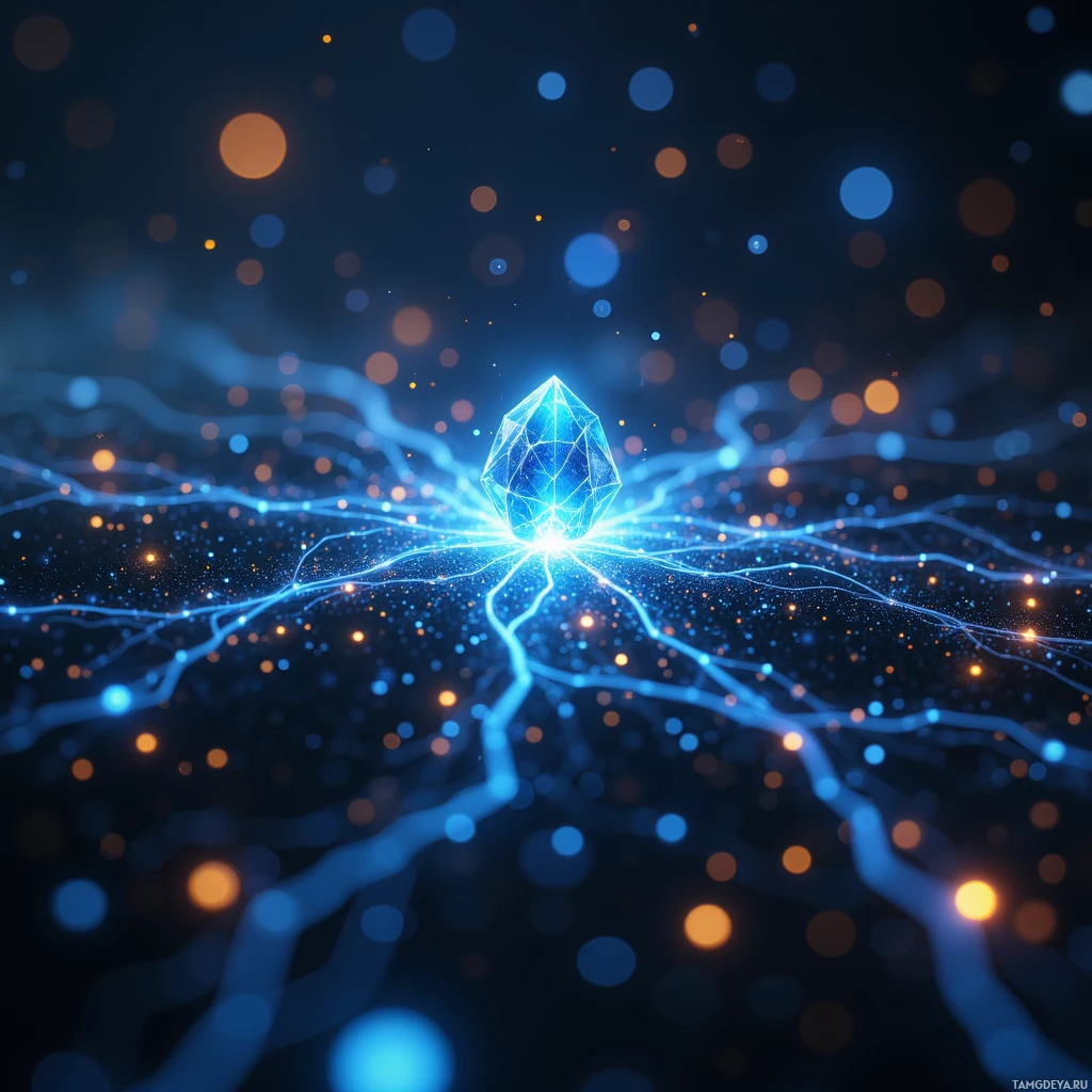 Светящийся сине-оранжевый абстрактный узор с ярким центральным светом.