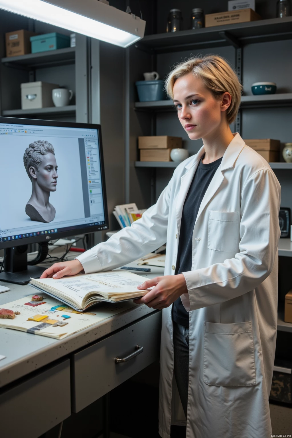Realistic high quality photo. A 40‑year‑old woman with short curly blonde hair and bright blue eyes, wearing a white lab coat over a black t‑shirt and gray jeans, stands in a dusty modern laboratory, intensely studying a large monitor displaying a clean UV map of a museum statue while shuffling stacked texture folders like a librarian in a data vault under soft overhead light.