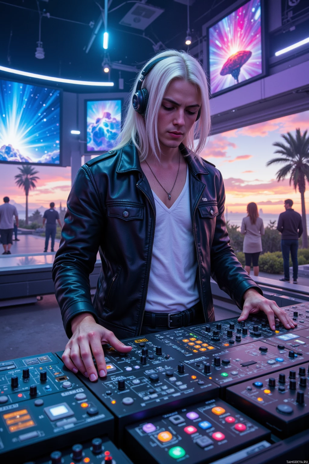 Realistic high quality photo. Male, 22, long white hair, blue eyes, pale skin, black leather jacket over plain white shirt, silver chain headphones, stands at a futuristic control deck inside an underground holo‑venue, tweaking nebula synth panels while star fields pulse in sync, sunset panels glow over an orbital park outside.