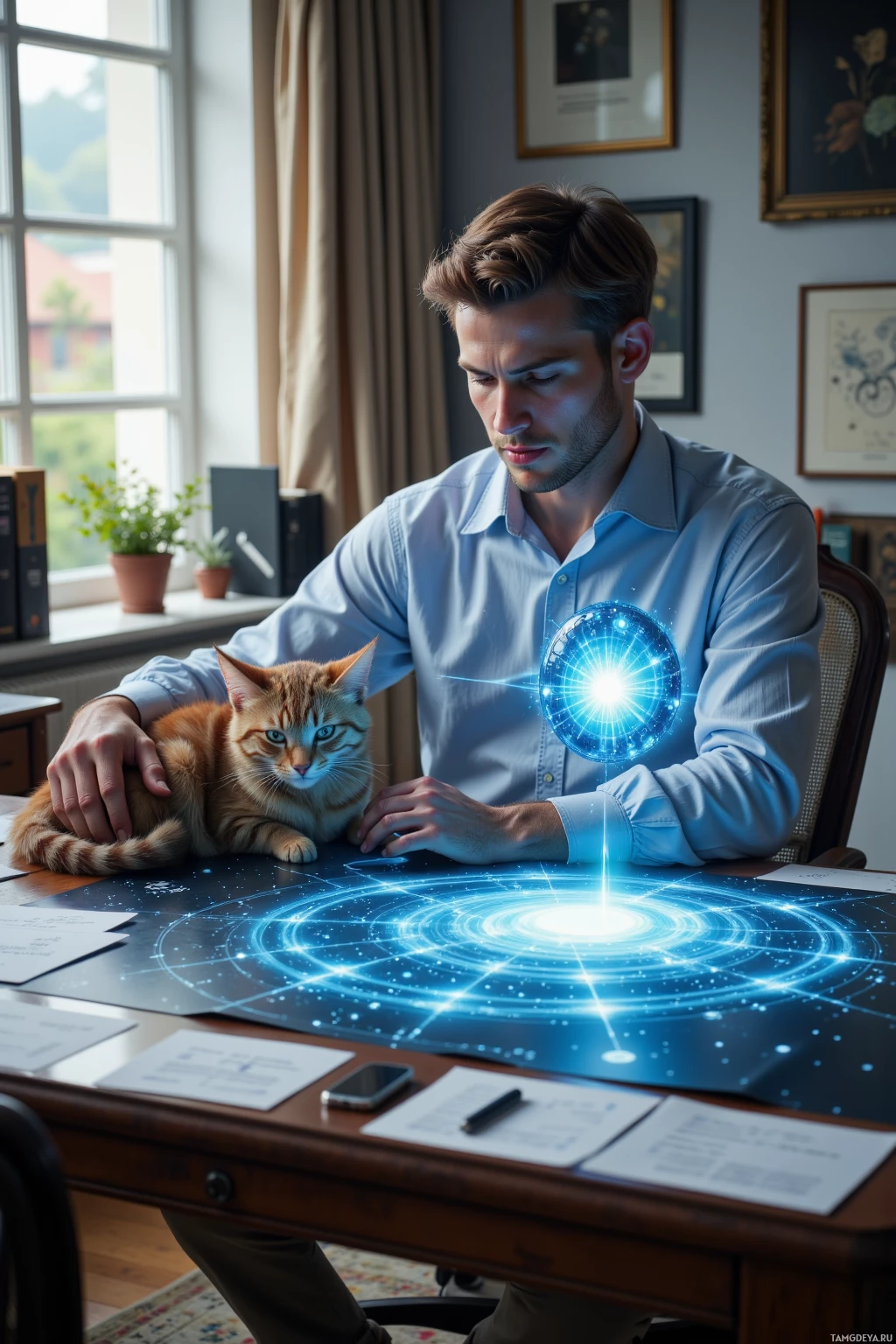 Realistic high quality photo. A 30‑year‑old man with neat light brown hair, clear blue eyes, pale skin, wearing a crisp light‑blue shirt rolled‑up sleeves and beige chinos, sits at a polished modern desk surrounded by floating holo‑notes, holding his cat on his lap as he animatedly debates quantum vacuum over a glowing holographic star map of Orion in an office with late‑afternoon light streaming in.