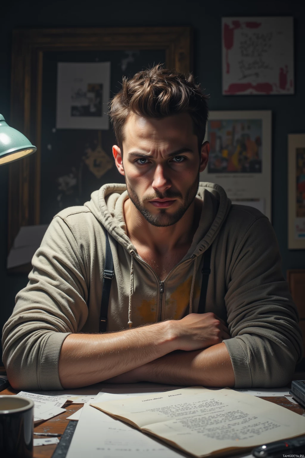 Realistic high quality photo. Man, 25, short brown hair, pale skin, tired blue eyes, angular face, wearing a loose ink‑stained hoodie with frayed edges, sits in a cramped studio with a cluttered desk, staring at a blank page under dim lamp light, surrounded by scattered papers and a coffee mug, his face marked by a sardonic grin and frantic focus.