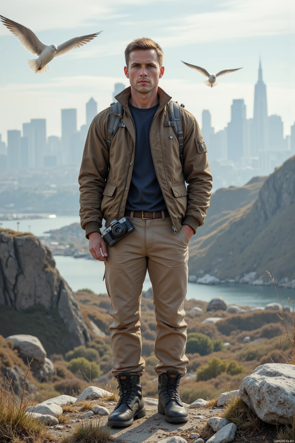 Realistic high quality photo. A 33‑year‑old man with short light brown hair, blue eyes, pale skin, wearing a brown jacket, beige pants, and sturdy hiking boots, stands alone on a windy rocky ridge overlooking a valley with a gray city skyline in the distance, gulls flying overhead, a camera in his pocket, his expression contemplative and slightly cynical.
