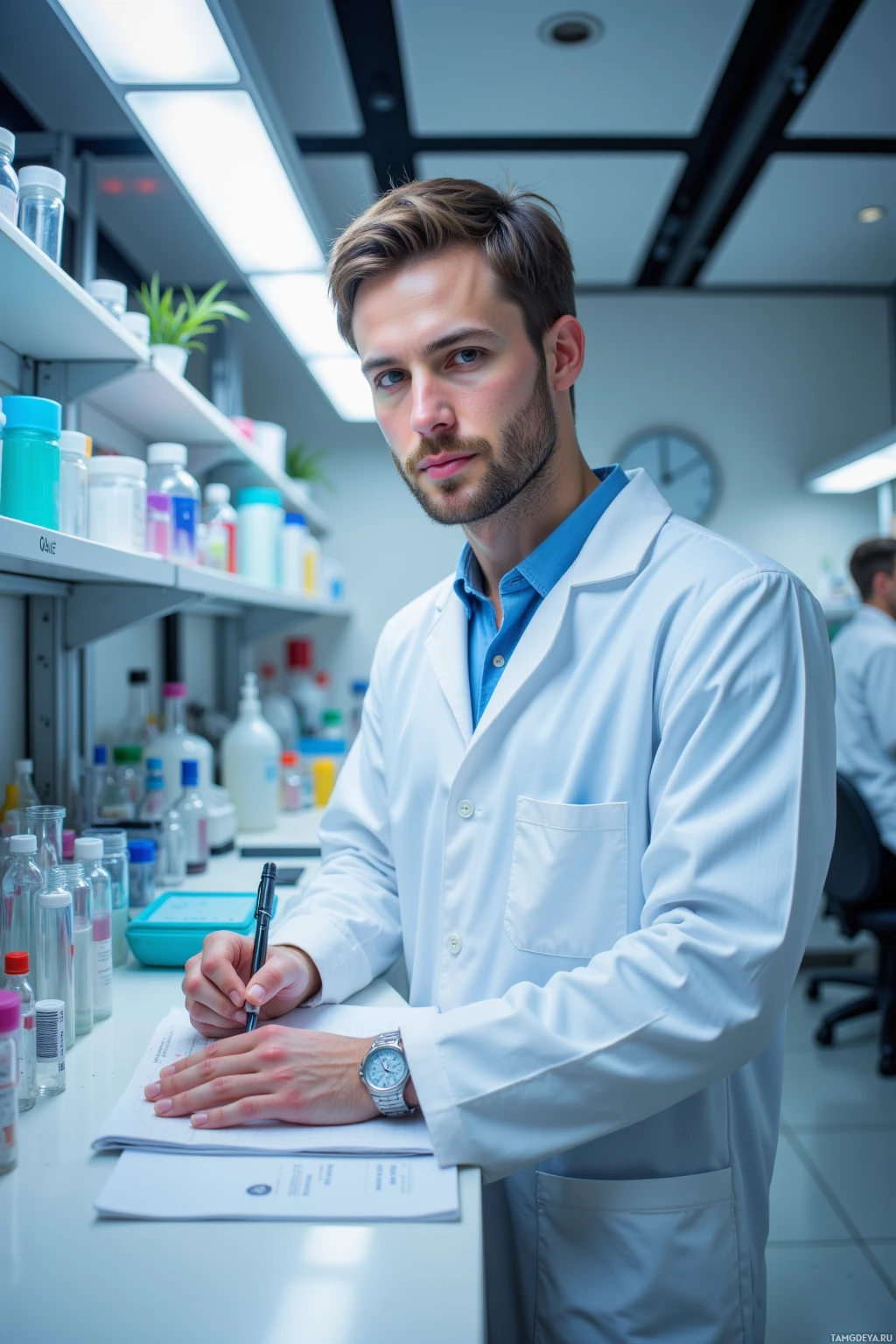 Realistic high quality photo. Male, 36, short brown hair, hazel eyes, fair skin, wearing a white lab coat over simple functional clothing, standing in a modern research lab under pale blue lights, methodically labeling a row of clear assay tubes with a fine‑tip pen while documenting parameters on a notebook, organized lab benches and glassware arranged like a crystal lattice, clock visible on the wall.