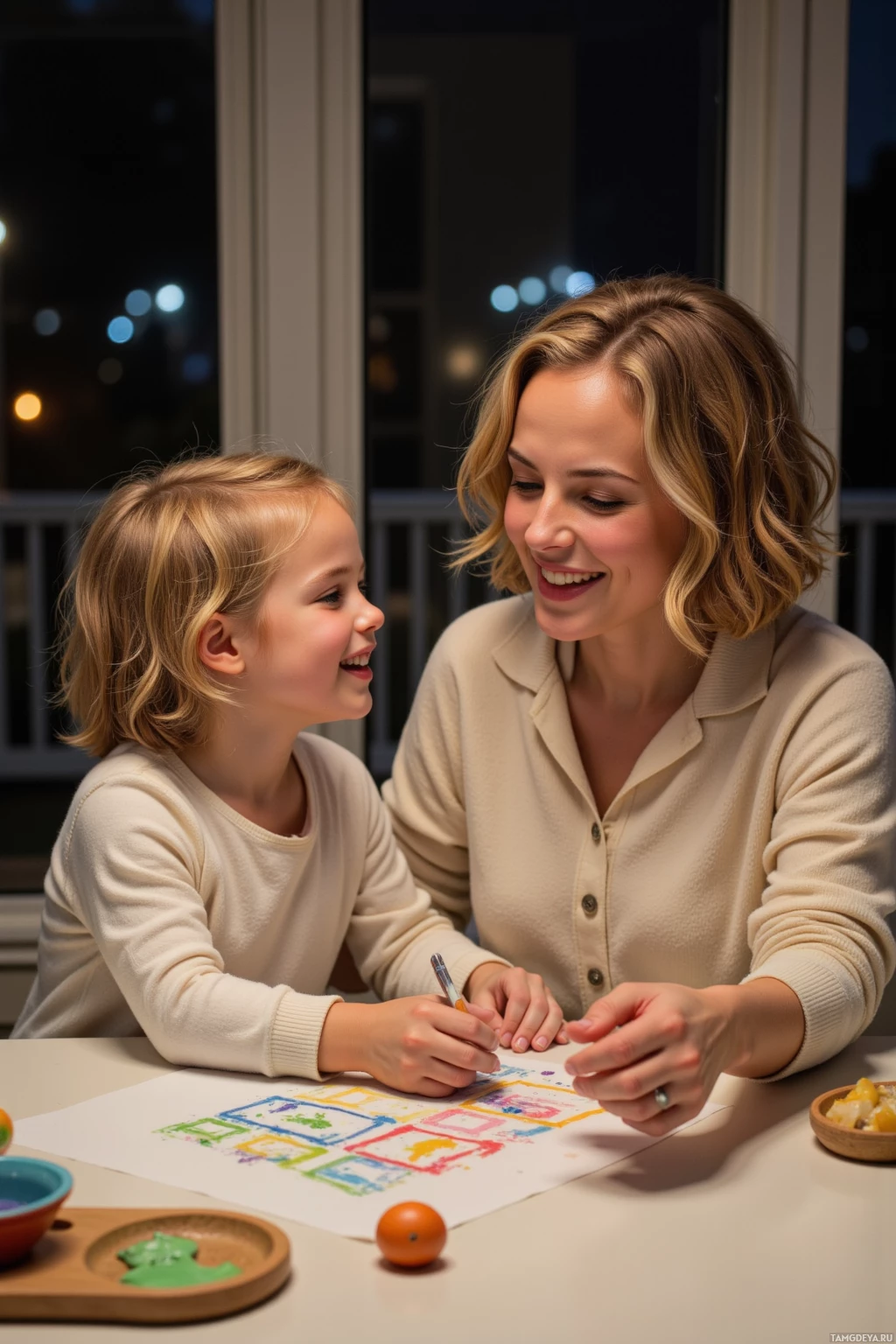 Realistic high quality photo. A 33‑year‑old woman with curly blonde hair, warm blue eyes, light complexion, wearing a soft cream sweater and a loosely wrapped baby sling, sits at a kitchen counter at midnight, laughing as she untangles a toddler’s crayon square artwork while the child holds a spoon beside a small snack table, with soft night lighting.